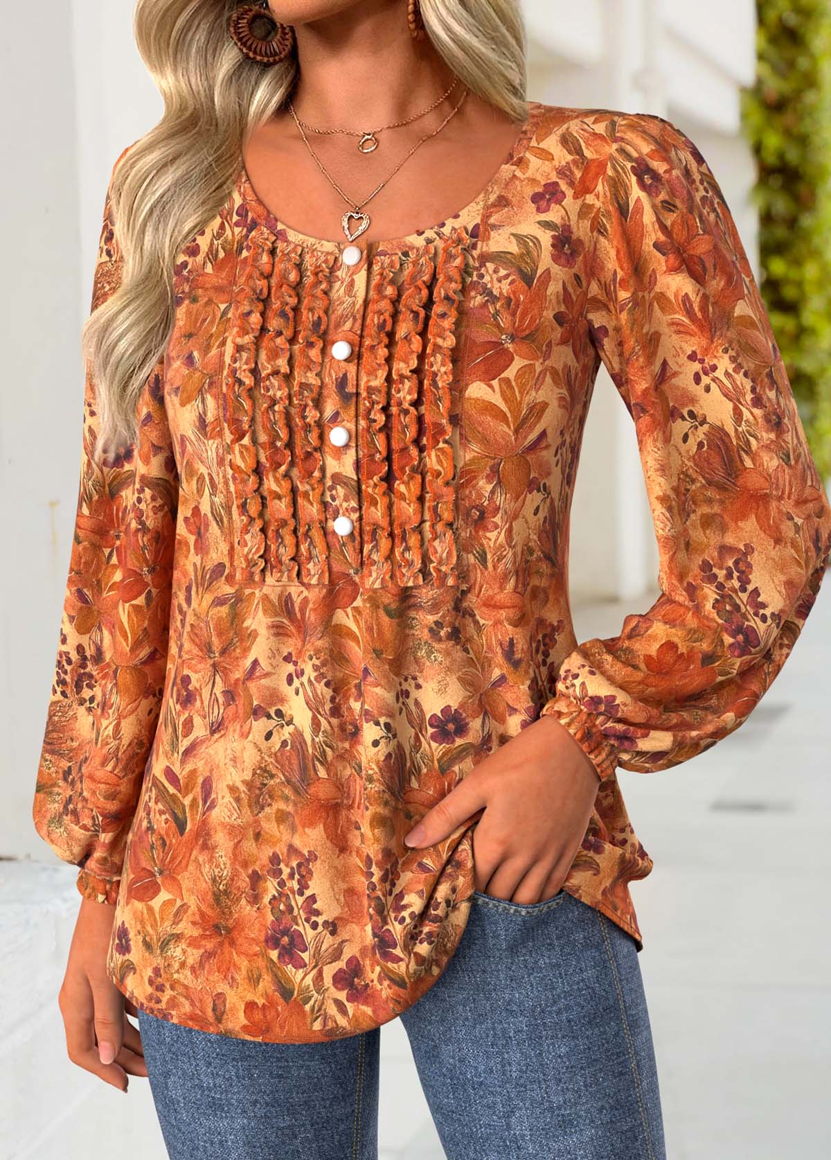 Terracotta Frill Floral Print Long Sleeve Round Neck Blouse | picture 