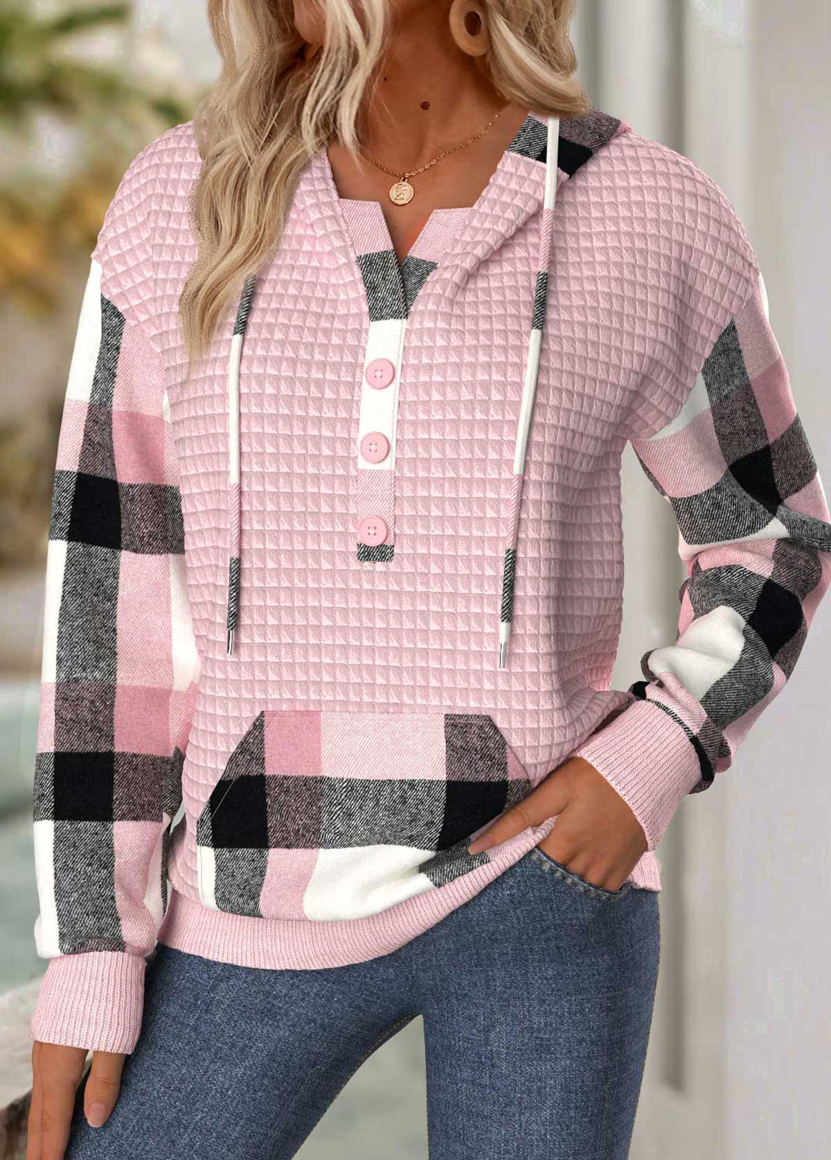 Light Pink Tummy Coverage Plaid Long Sleeve Hoodie | picture 