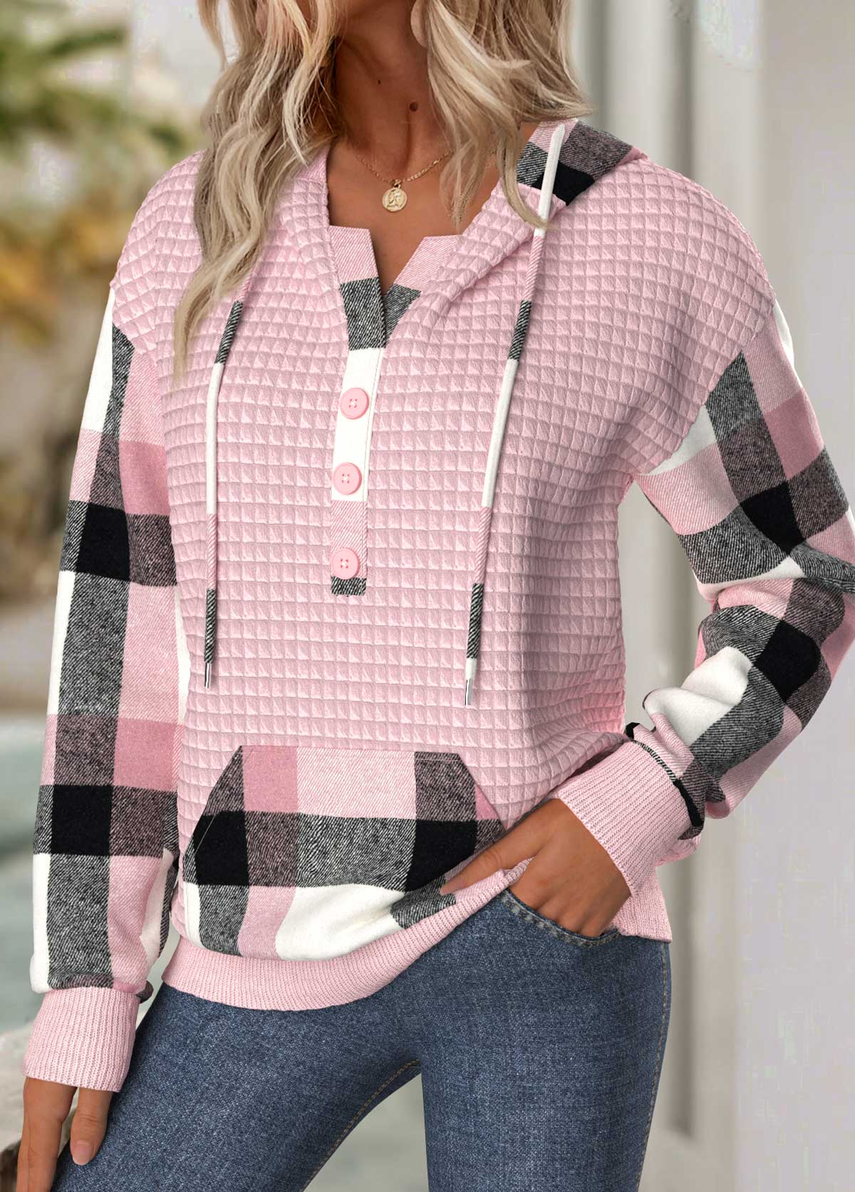 Light Pink Tummy Coverage Plaid Long Sleeve Hoodie | picture 