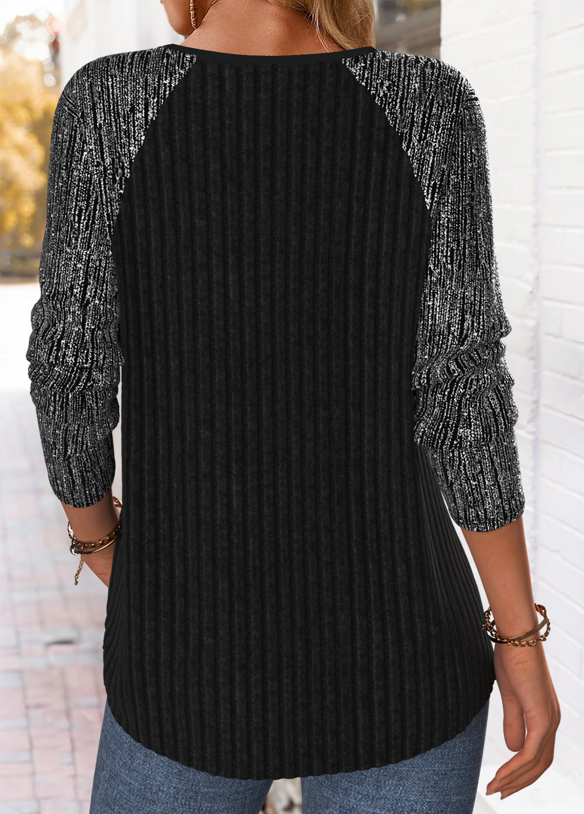 Black Tummy Coverage Long Sleeve Split Neck T Shirt | picture 