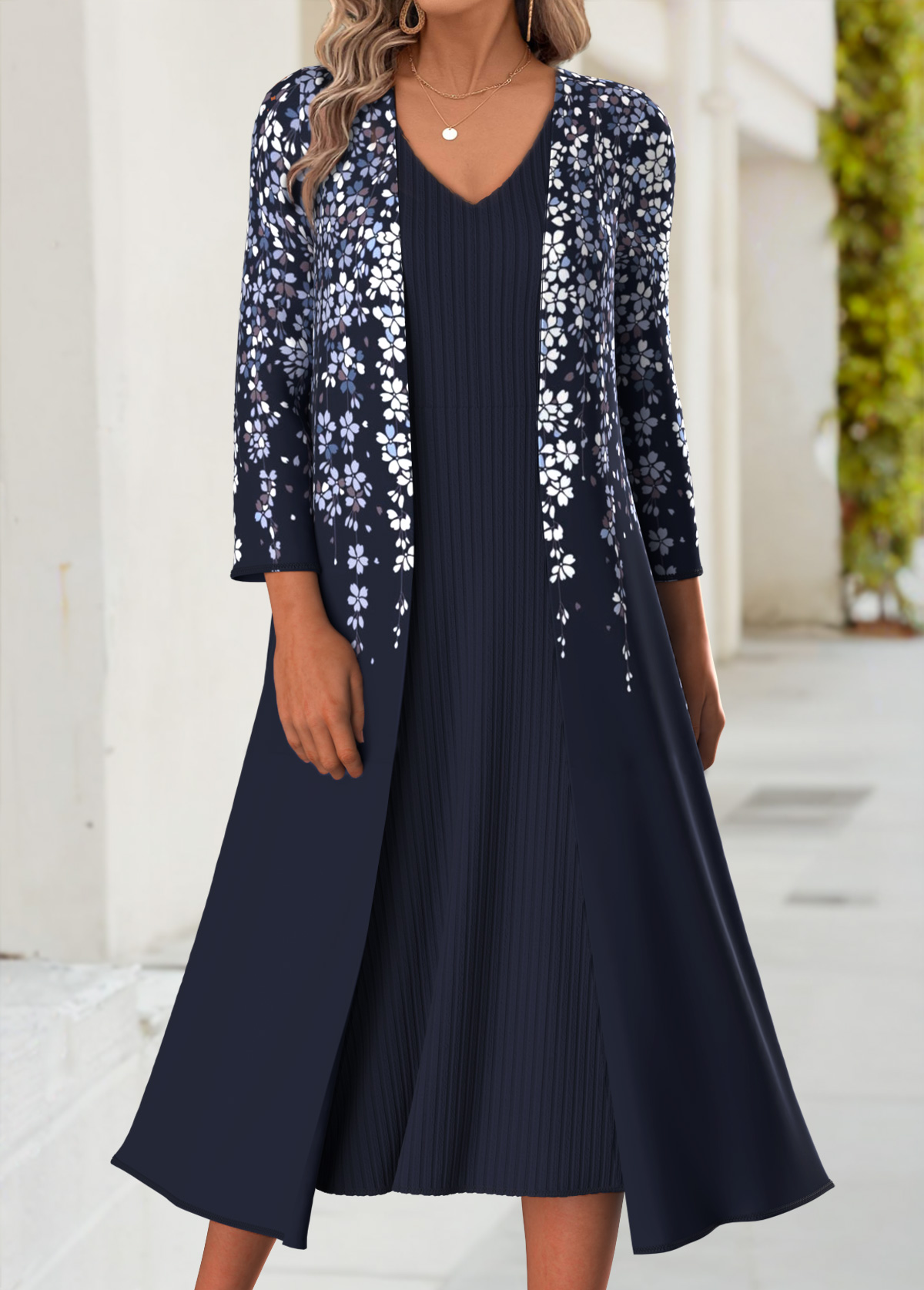 Dark Blue Tummy Coverage Floral Print Dress and Cardigan | picture 