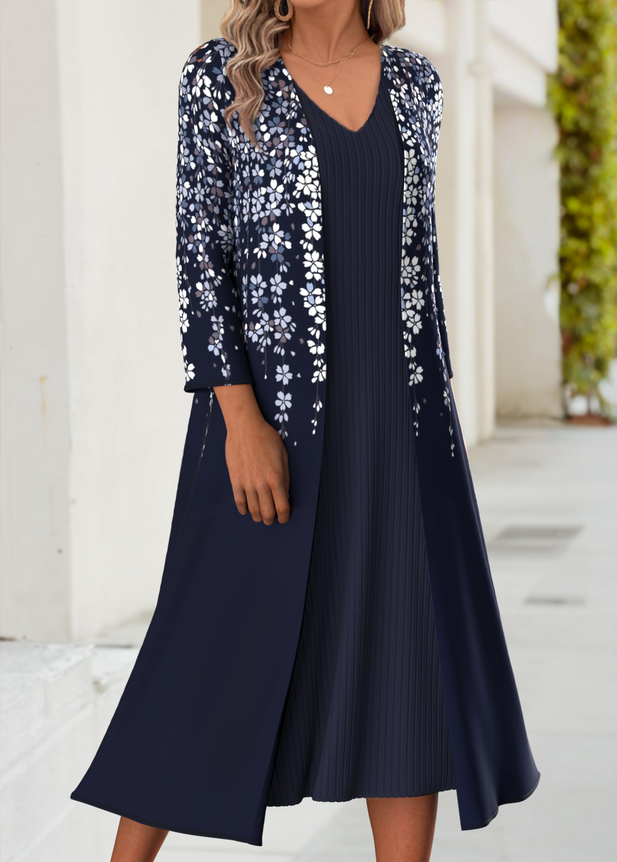 Dark Blue Tummy Coverage Floral Print Dress and Cardigan | picture 