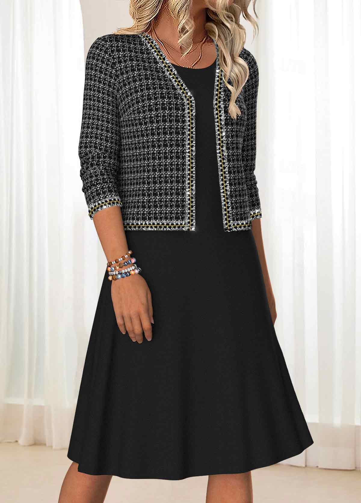 Black Tummy Coverage Plaid Long Sleeve Dress and Cardigan | picture 
