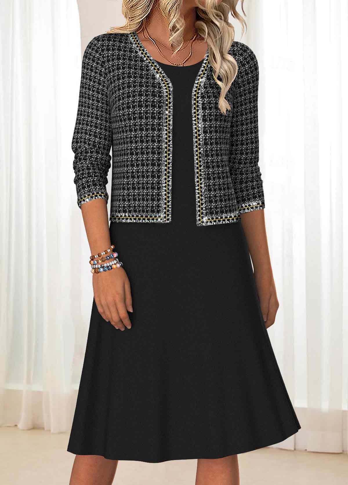 Black Tummy Coverage Plaid Long Sleeve Dress and Cardigan | picture 