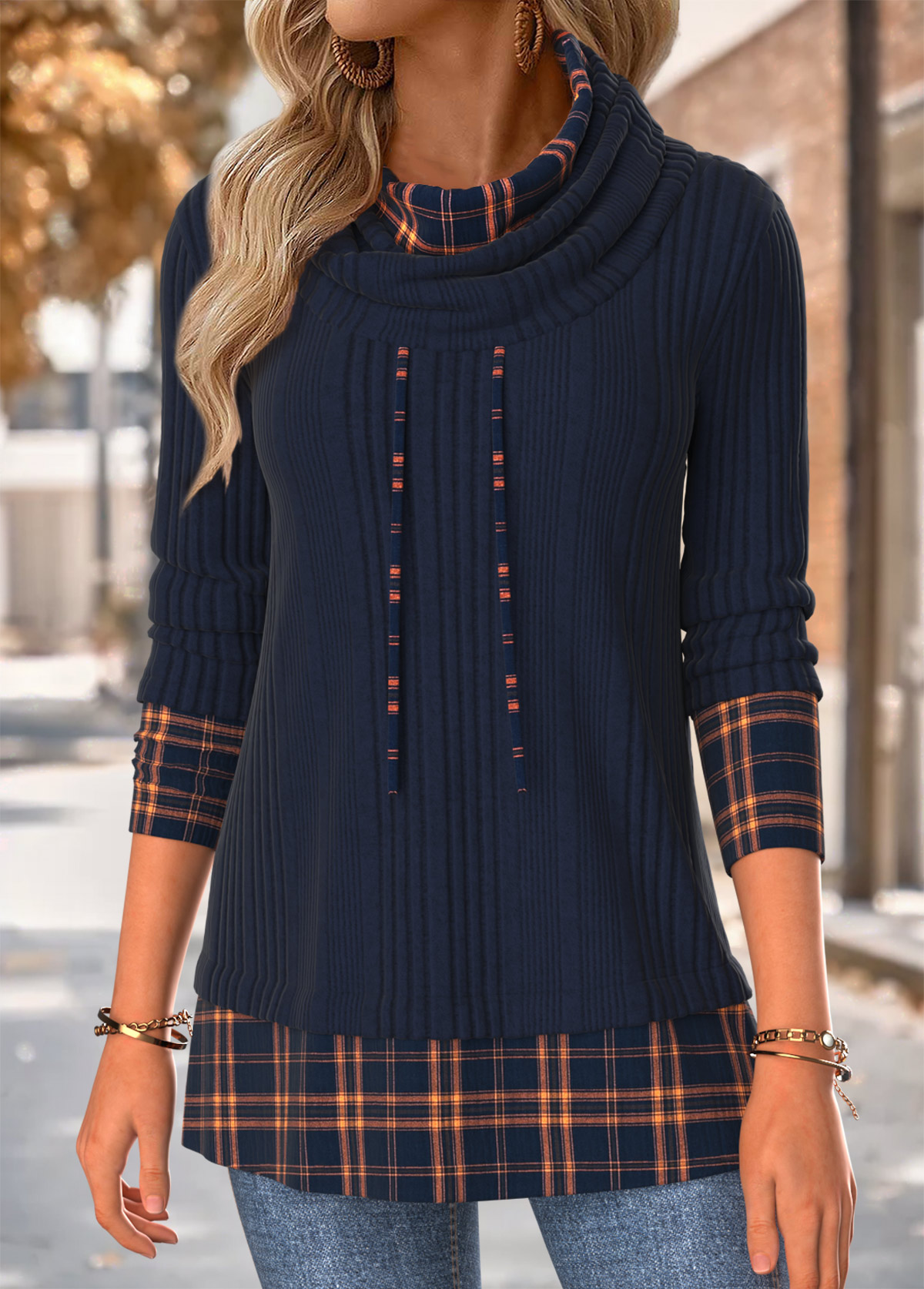 Navy Tummy Coverage Plaid Long Sleeve Cowl Neck Sweatshirt | picture 
