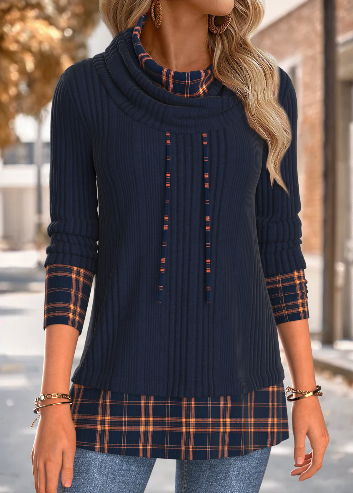 Navy Tummy Coverage Plaid Long Sleeve Cowl Neck Sweatshirt | picture 