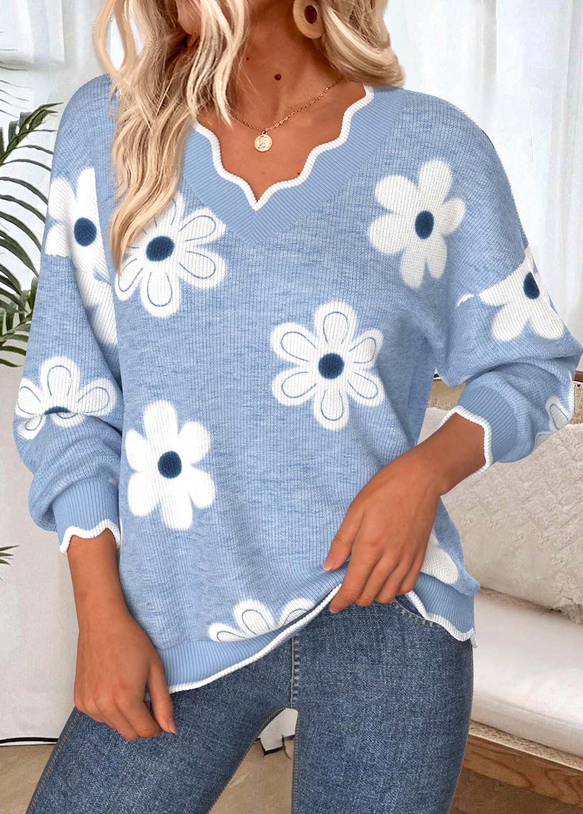 Dusty Blue Scalloped Hem Floral Print Long Sleeve Sweatshirt | picture 