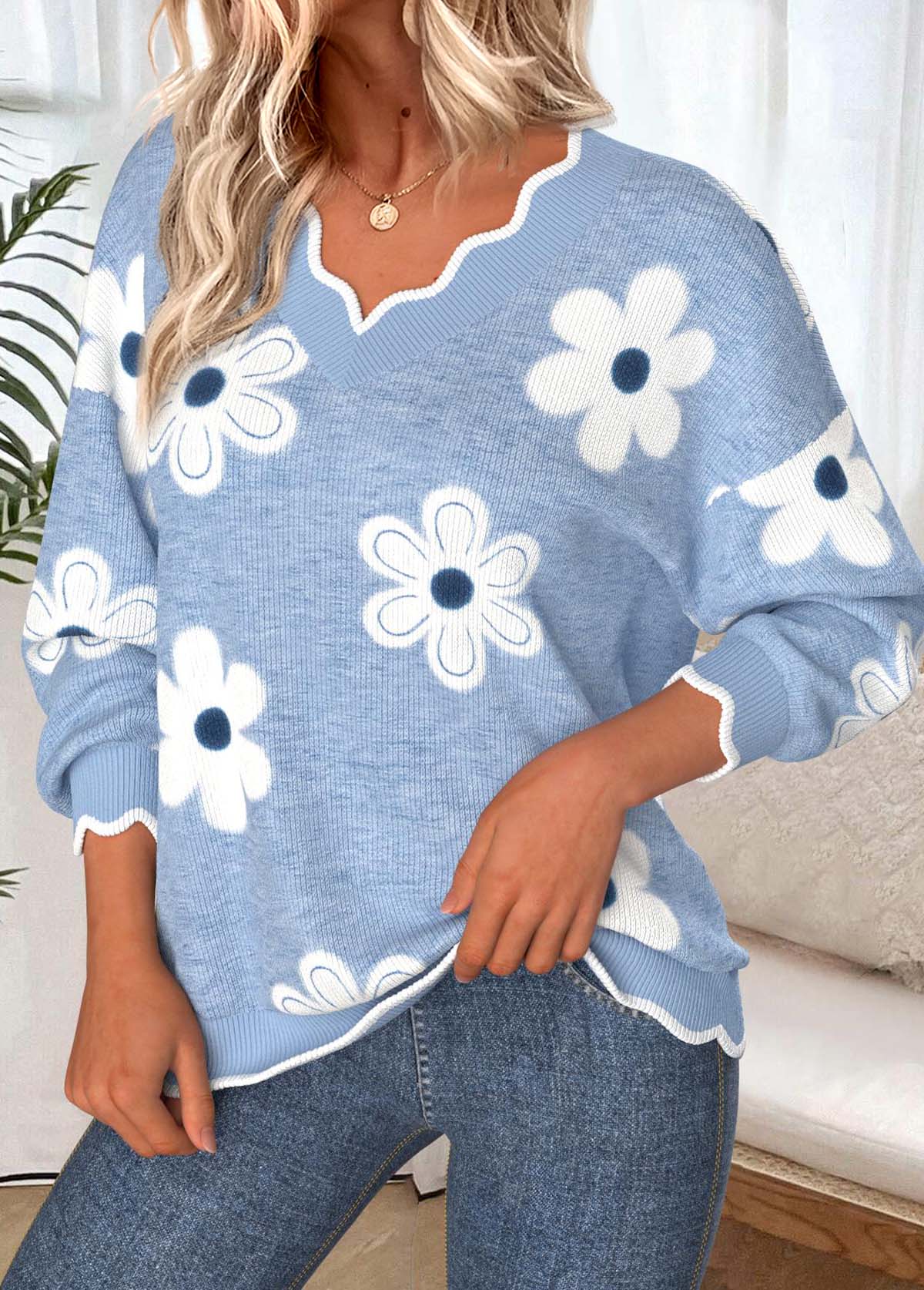 Dusty Blue Scalloped Hem Floral Print Long Sleeve Sweatshirt | picture 