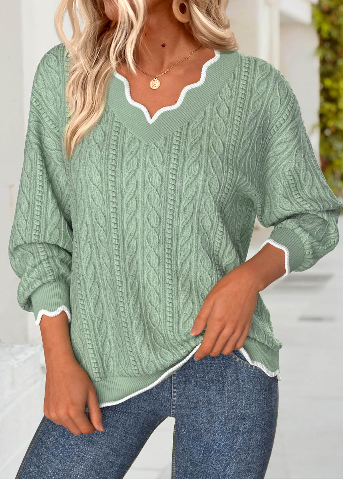 Sage Green Scalloped Hem Long Sleeve V Neck Sweatshirt | picture 