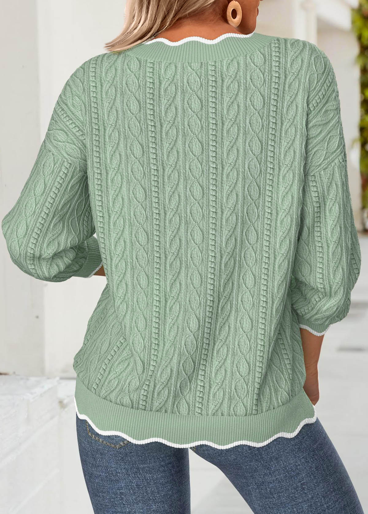 Sage Green Scalloped Hem Long Sleeve V Neck Sweatshirt | picture 
