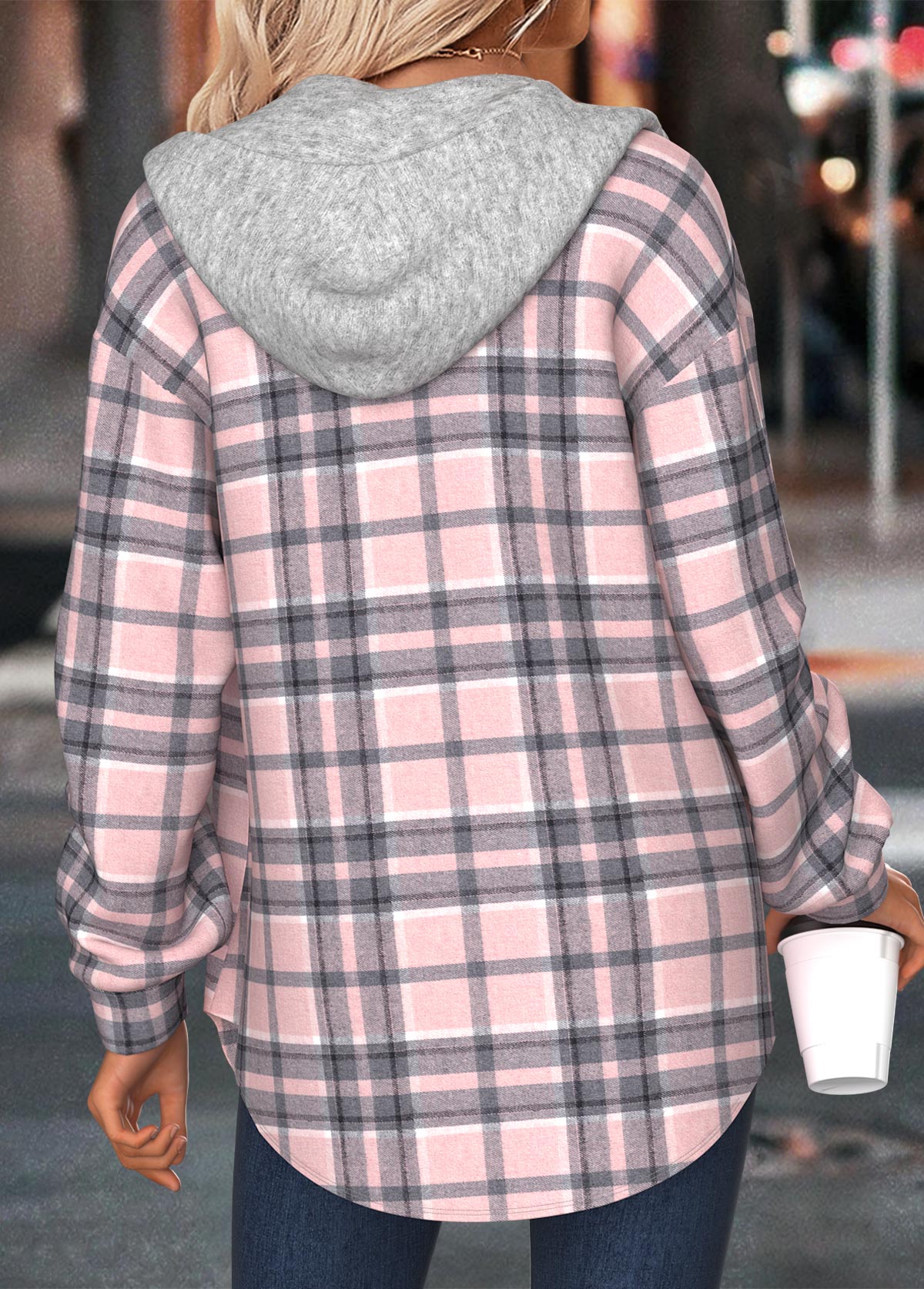 Light Pink Tummy Coverage Plaid Long Sleeve Hoodie | picture 