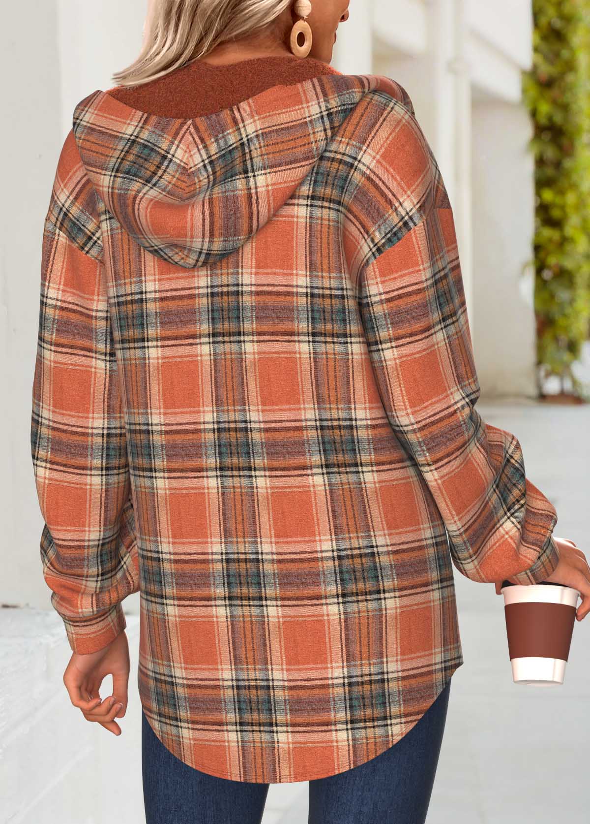 Terracotta Tummy Coverage Plaid Long Sleeve Hooded Track Jacket | picture 