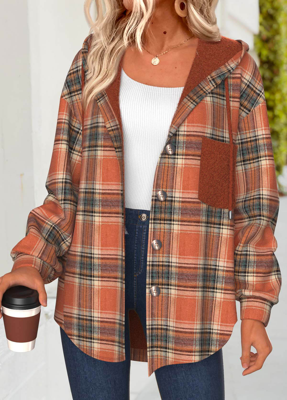 Terracotta Tummy Coverage Plaid Long Sleeve Hooded Track Jacket | picture 