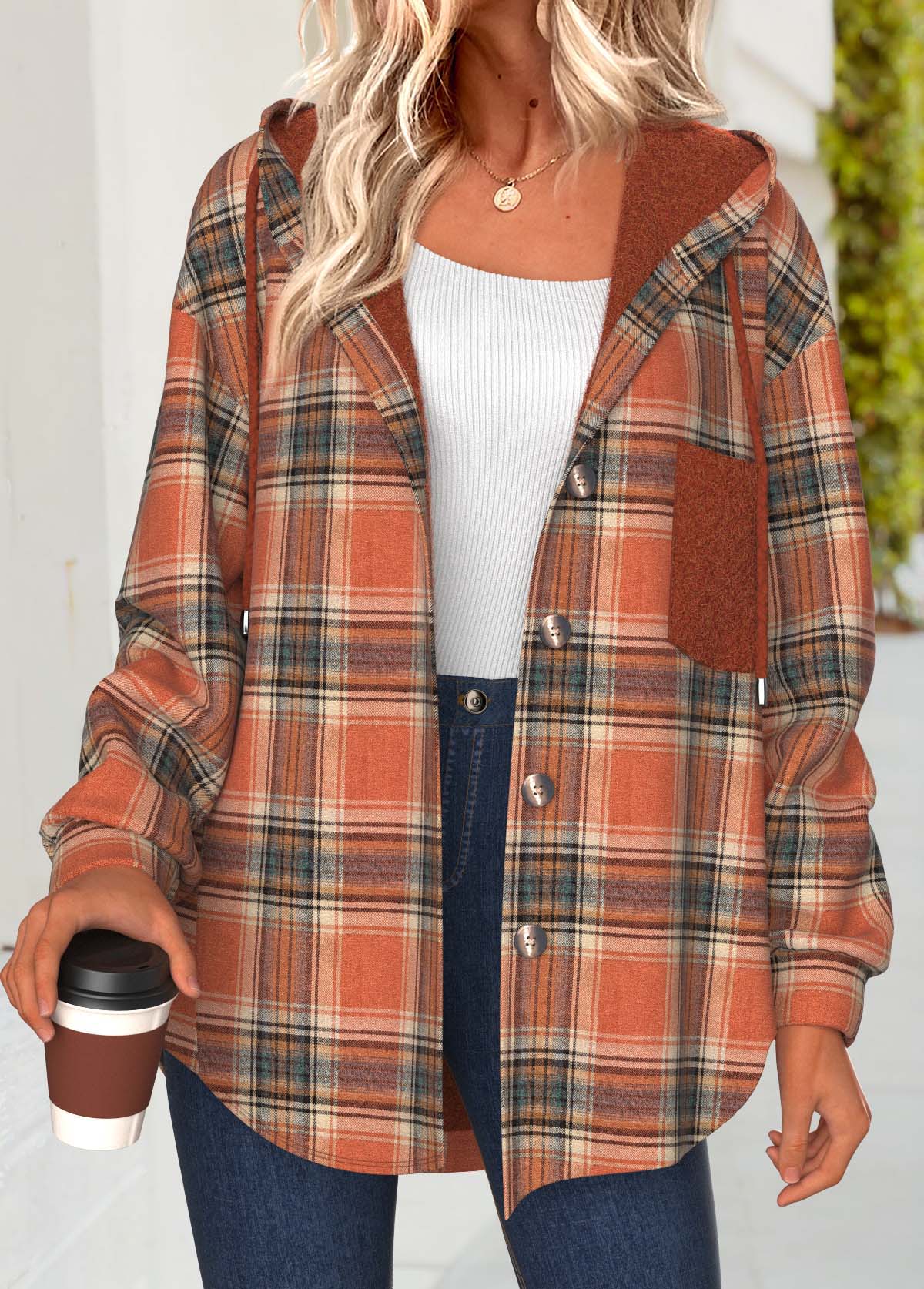 Terracotta Tummy Coverage Plaid Long Sleeve Hooded Track Jacket | picture 