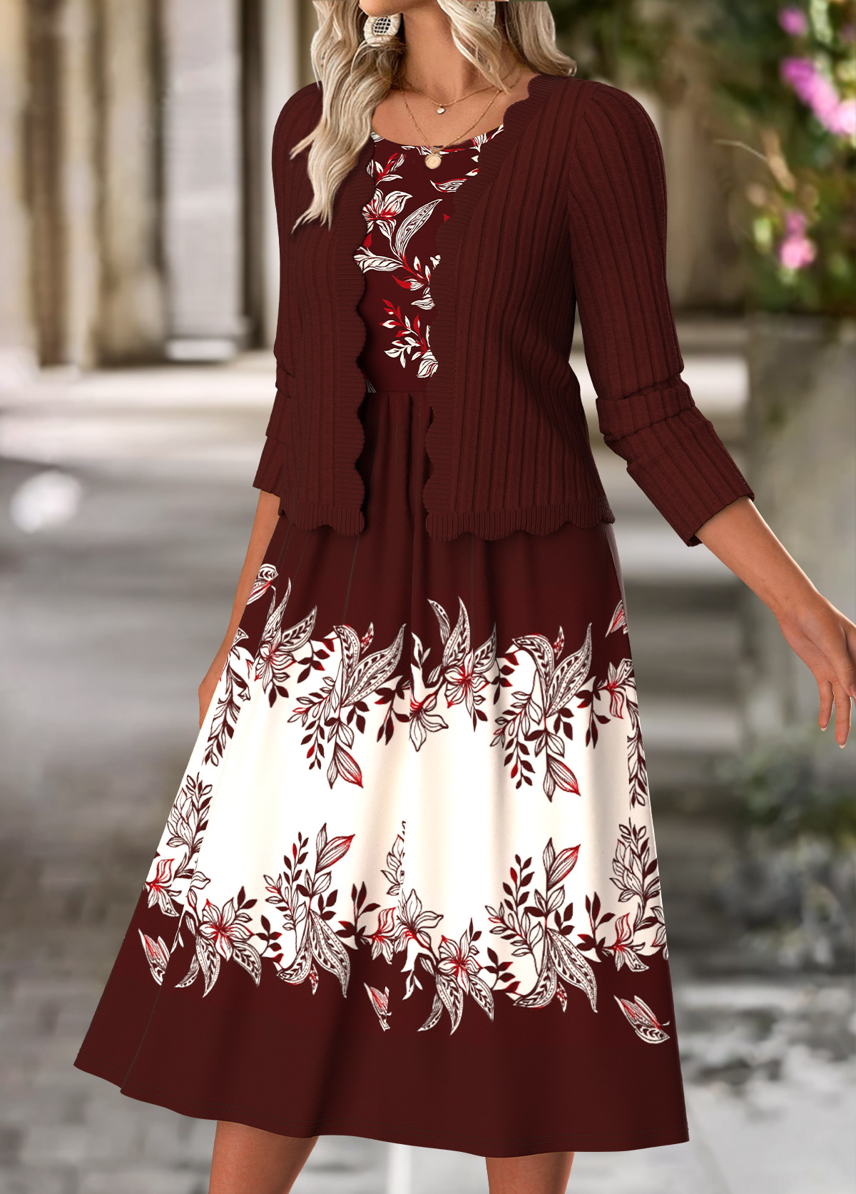 Wine Red Tummy Coverage Floral Print Dress and Cardigan | picture 
