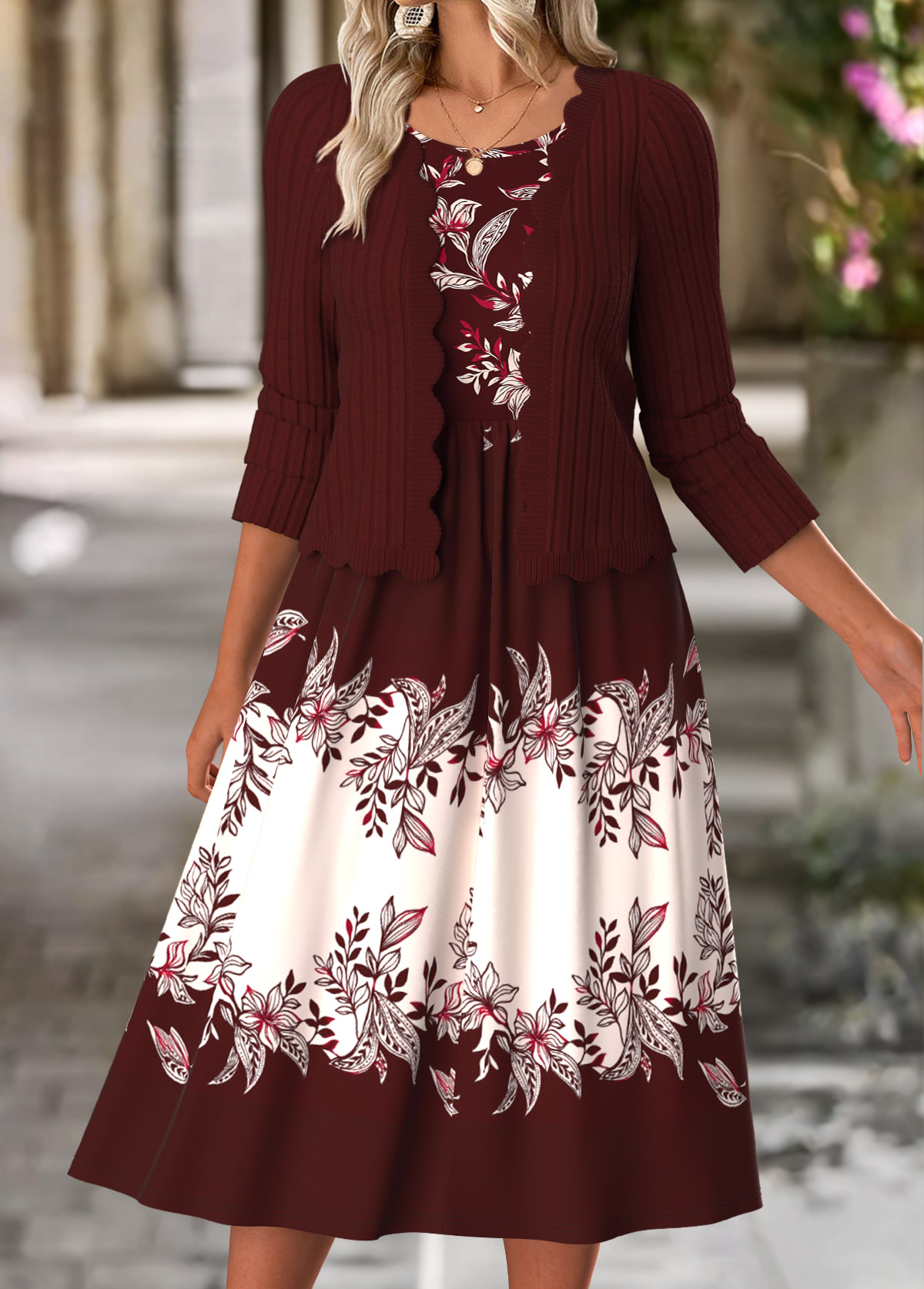 Wine Red Tummy Coverage Floral Print Dress and Cardigan | picture 