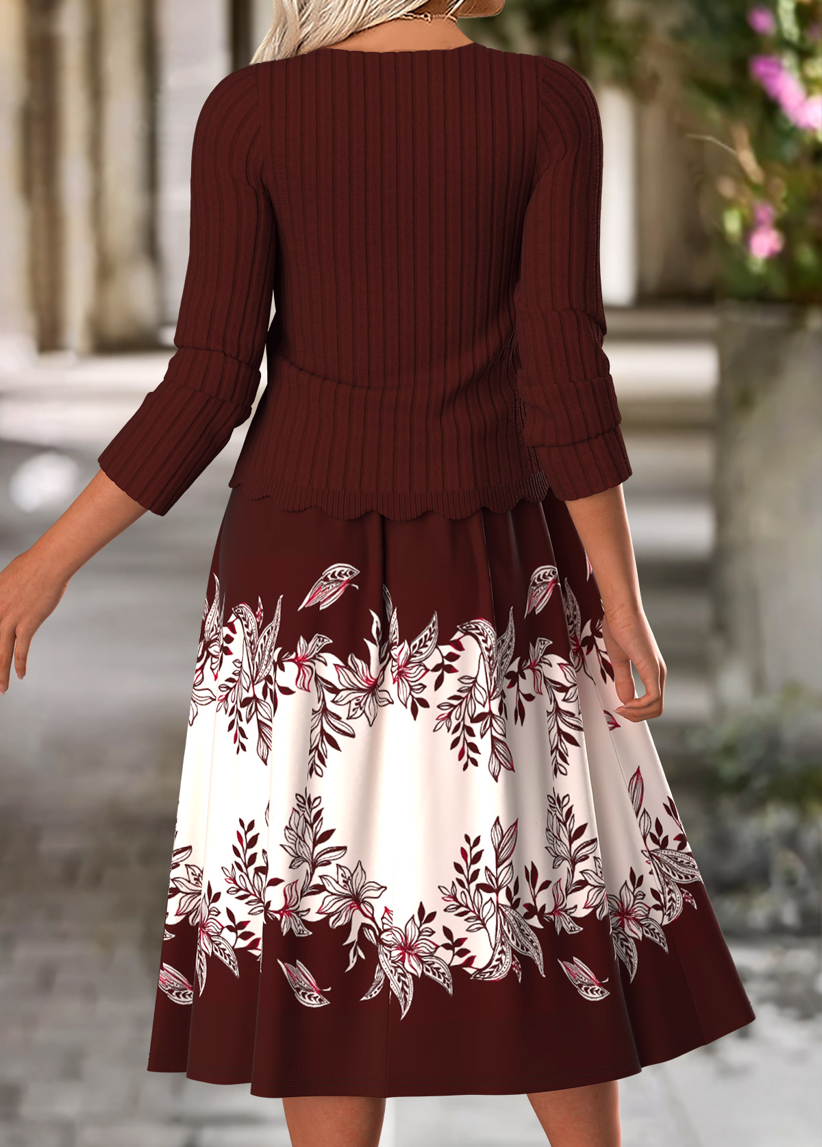 Wine Red Tummy Coverage Floral Print Dress and Cardigan | picture 