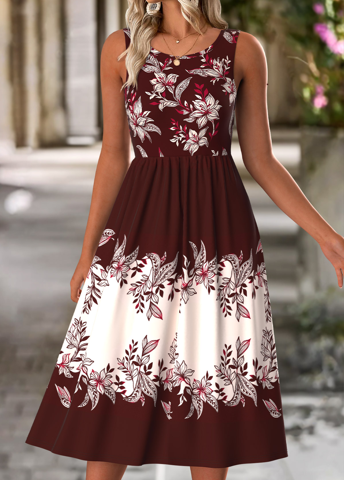 Wine Red Tummy Coverage Floral Print Dress and Cardigan | picture 