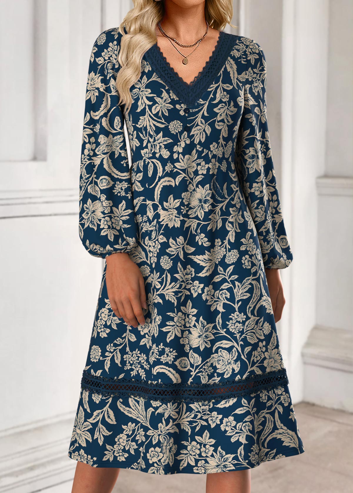 Blue Tummy Coverage Tribal Print Long Sleeve Dress | picture 