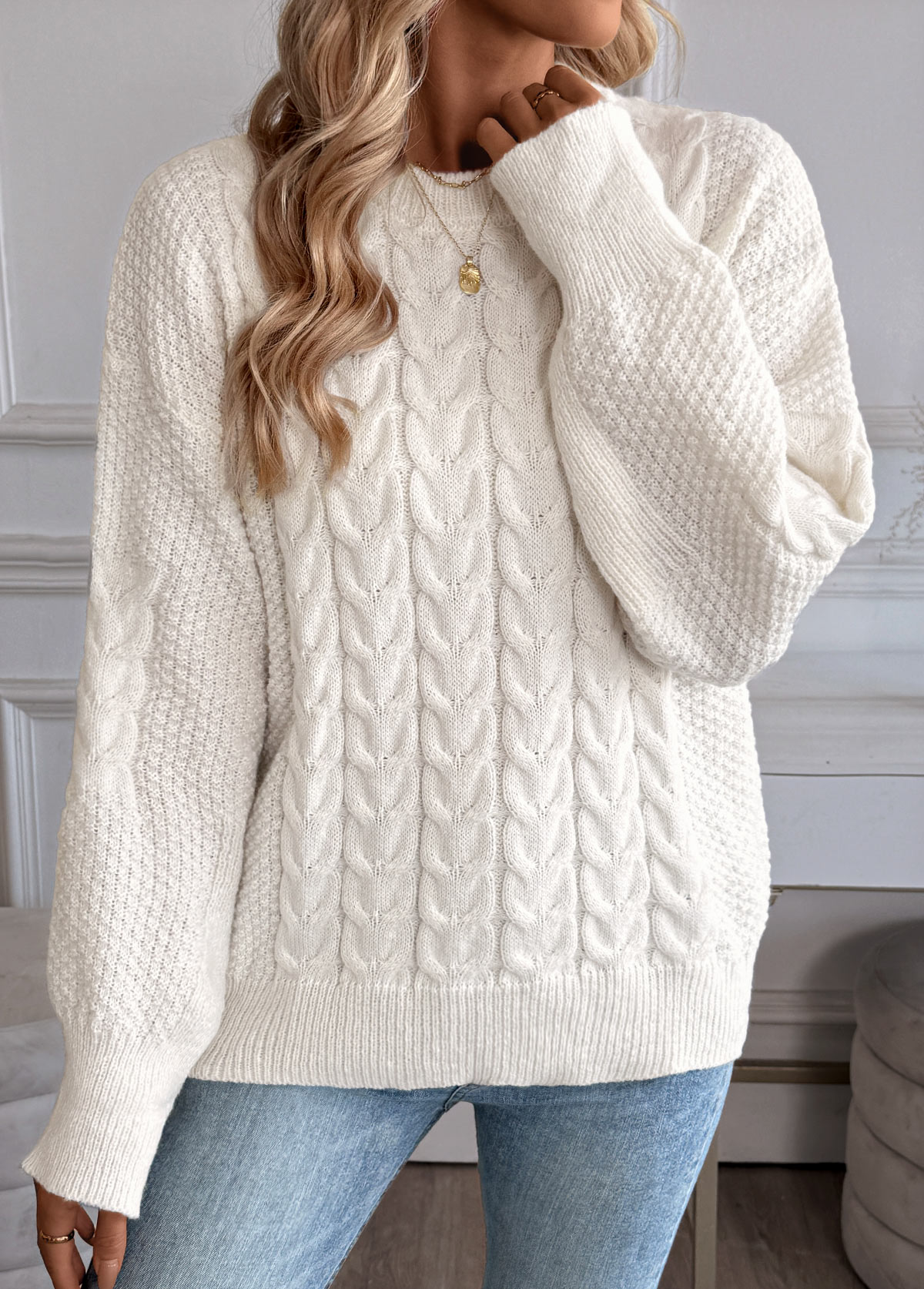 Beige Long Sleeve Round Neck Sweater | picture 