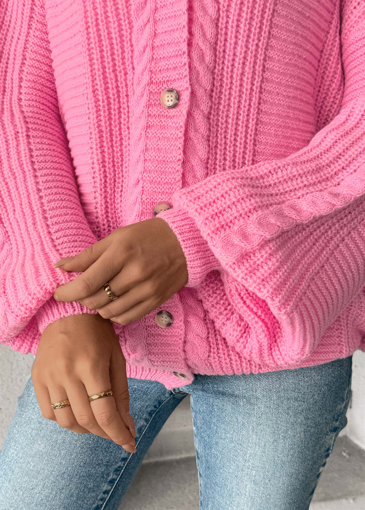 Pink Button Long Sleeve V Neck Cardigan | picture 