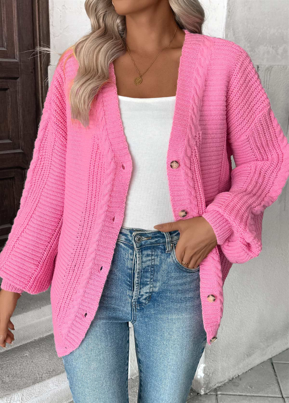 Pink Button Long Sleeve V Neck Cardigan | picture 