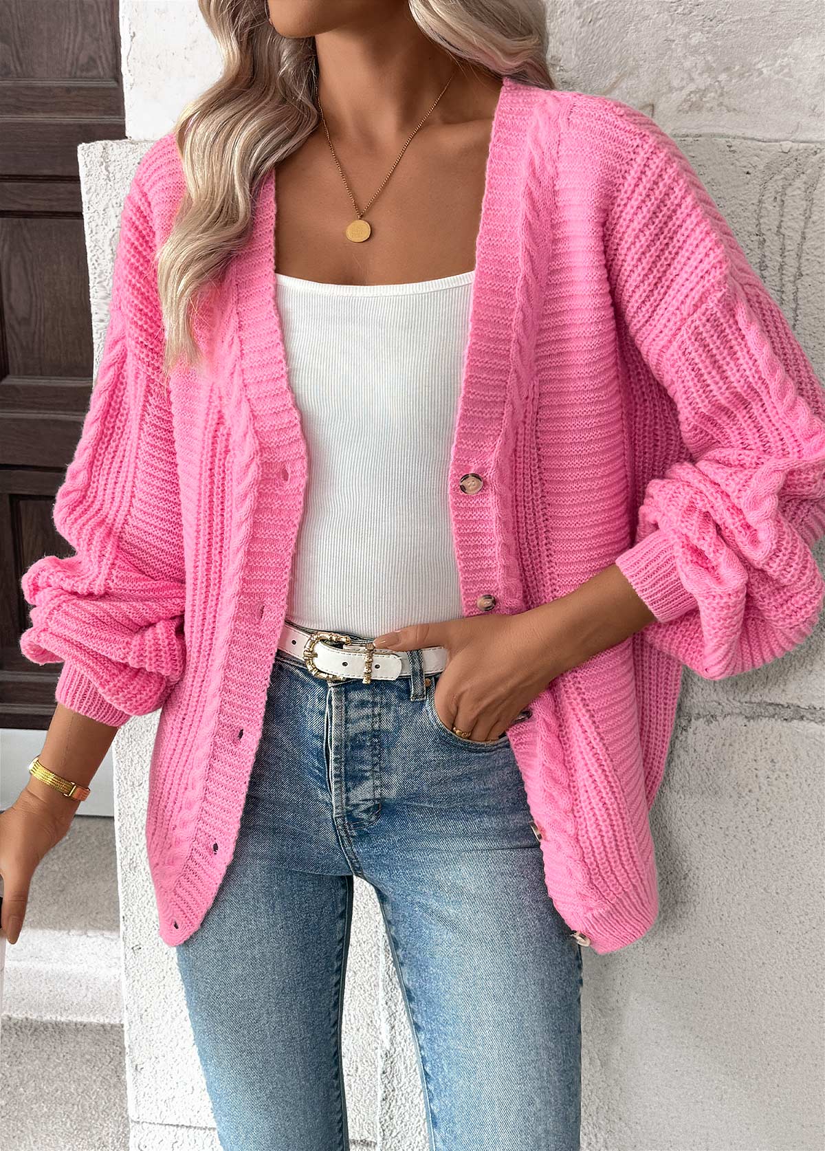Pink Button Long Sleeve V Neck Cardigan | picture 