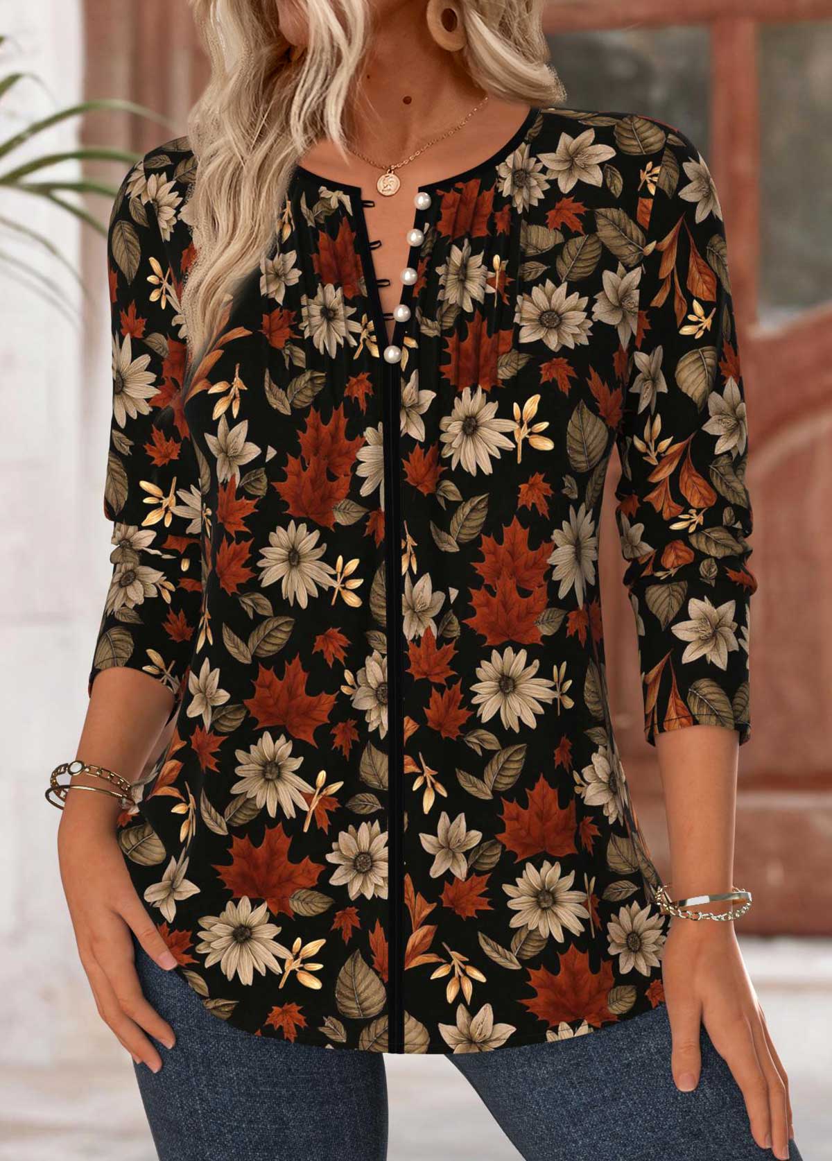 Black Tummy Coverage Floral Print Long Sleeve Blouse | picture 