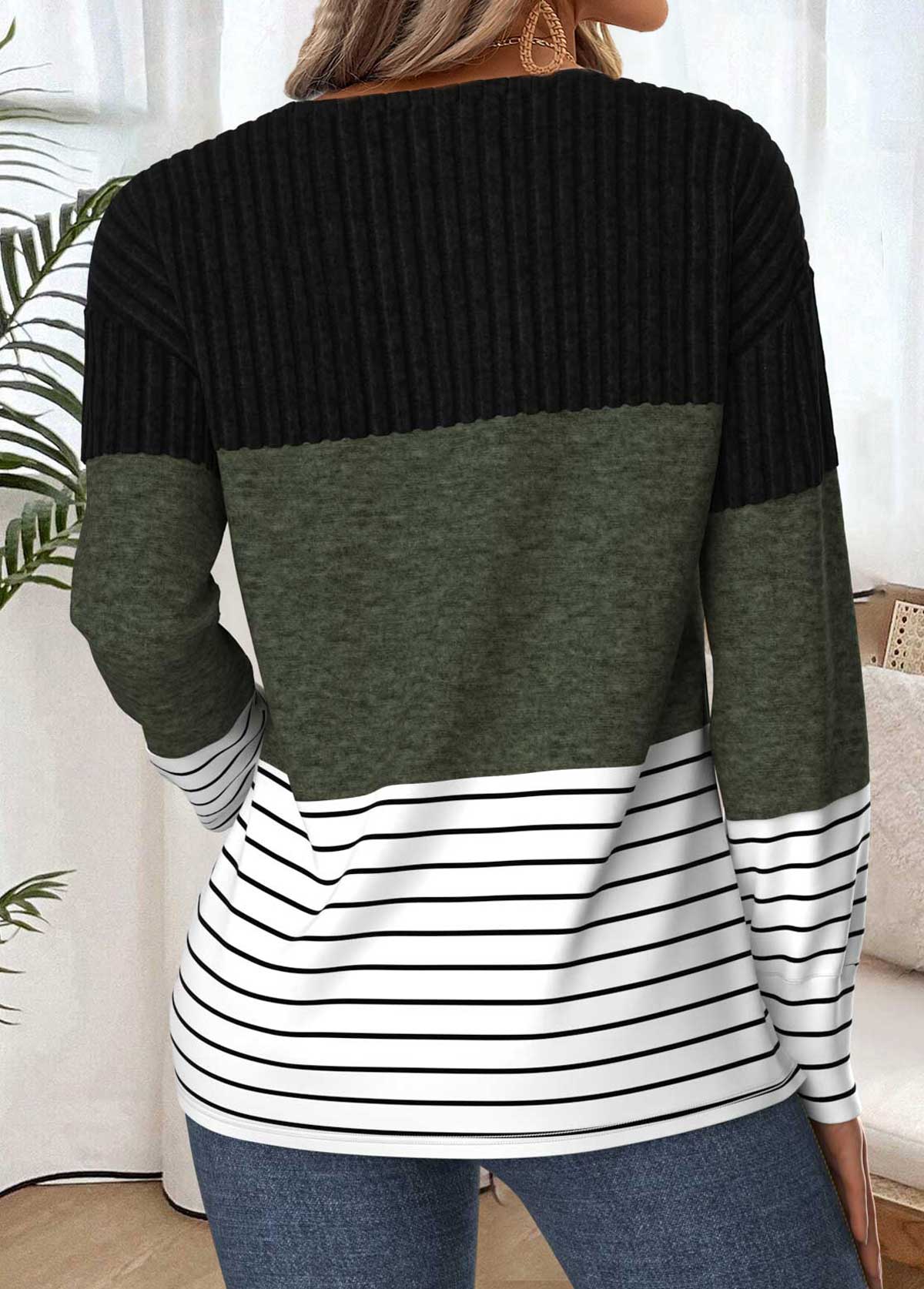 Olive Green Tummy Coverage Striped Long Sleeve T Shirt | picture 