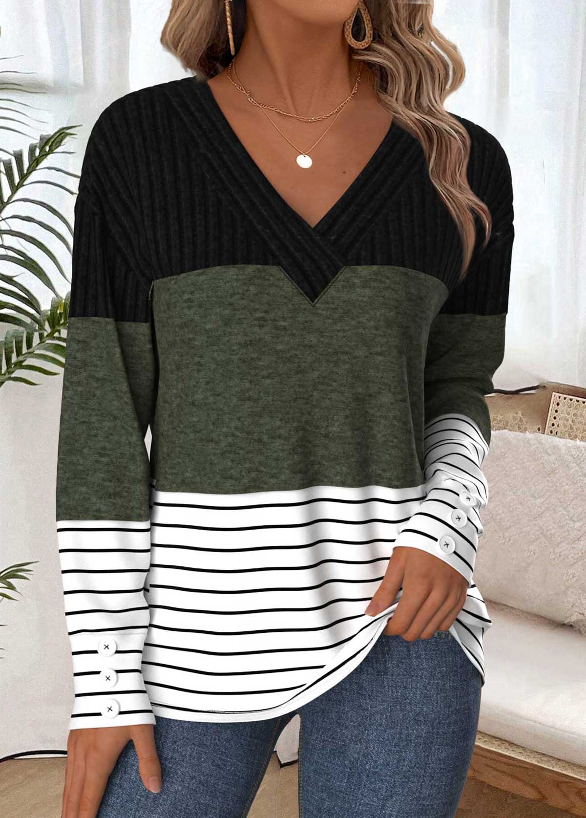 Olive Green Tummy Coverage Striped Long Sleeve T Shirt | picture 
