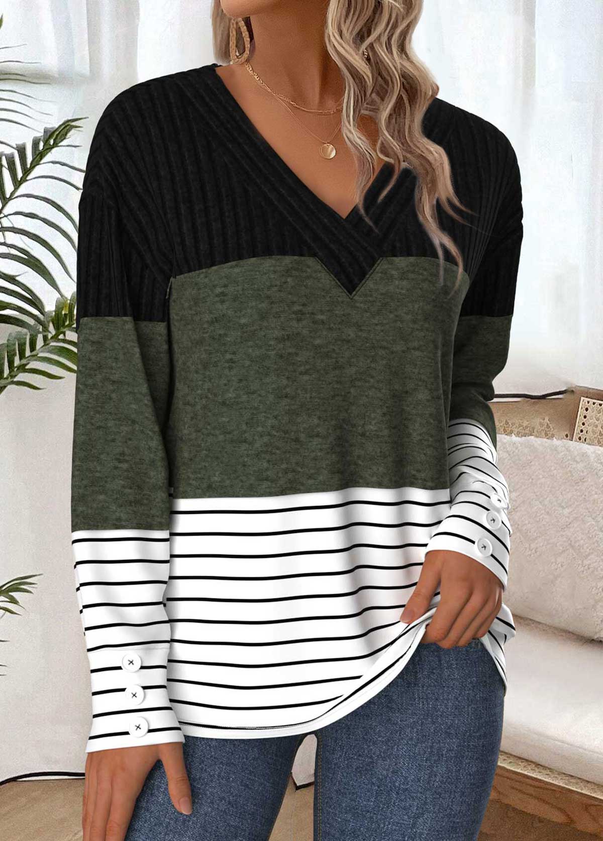 Olive Green Tummy Coverage Striped Long Sleeve T Shirt | picture 