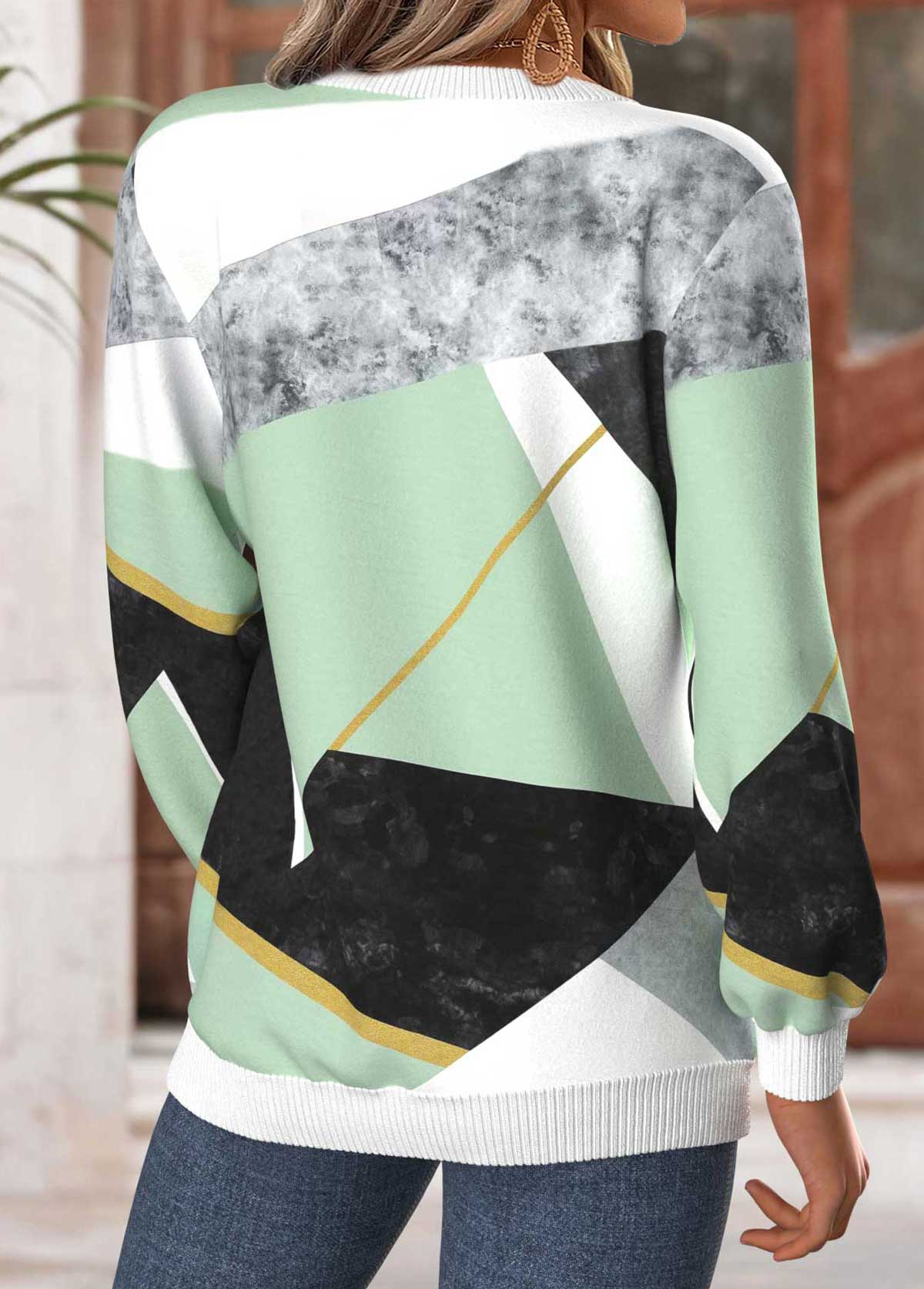 Mint Green Tummy Coverage Geometric Print Long Sleeve Sweatshirt | picture 