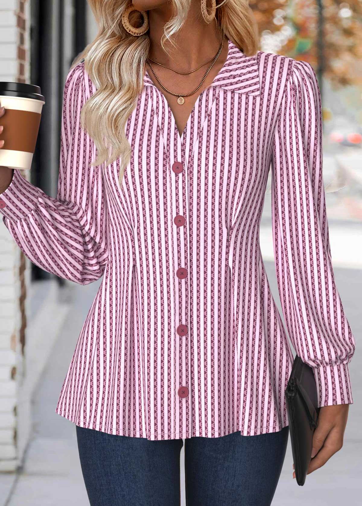 Light Pink Tummy Coverage Striped Long Sleeve Shirt | picture 