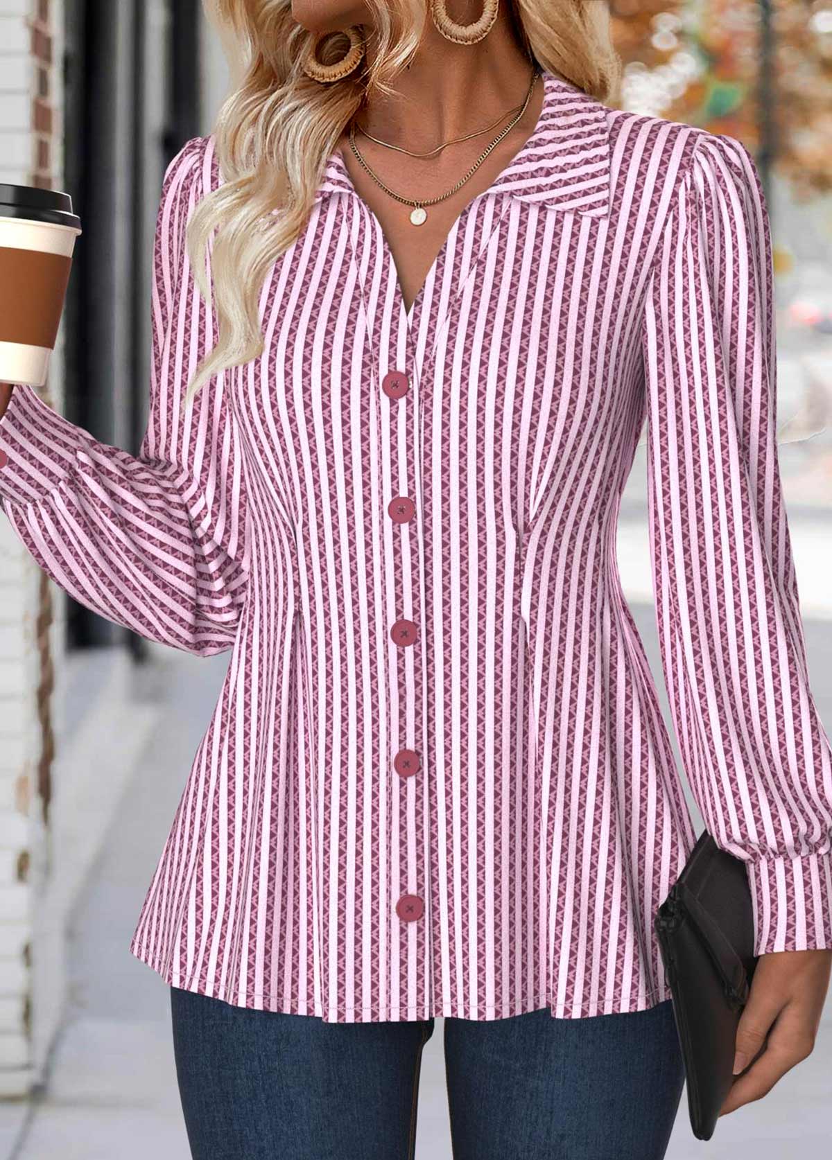 Light Pink Tummy Coverage Striped Long Sleeve Shirt | picture 