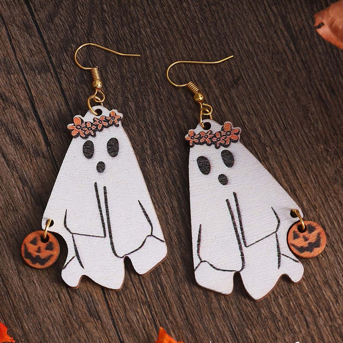 White Ghost Pumpkin Design Wood Earrings | picture 