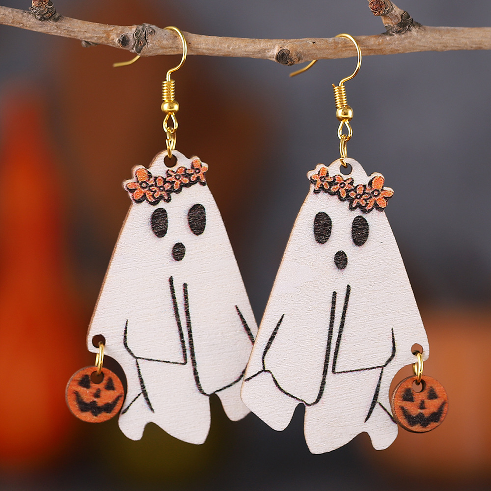 White Ghost Pumpkin Design Wood Earrings | picture 