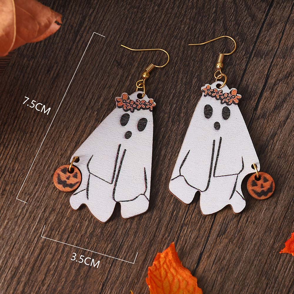White Ghost Pumpkin Design Wood Earrings | picture 