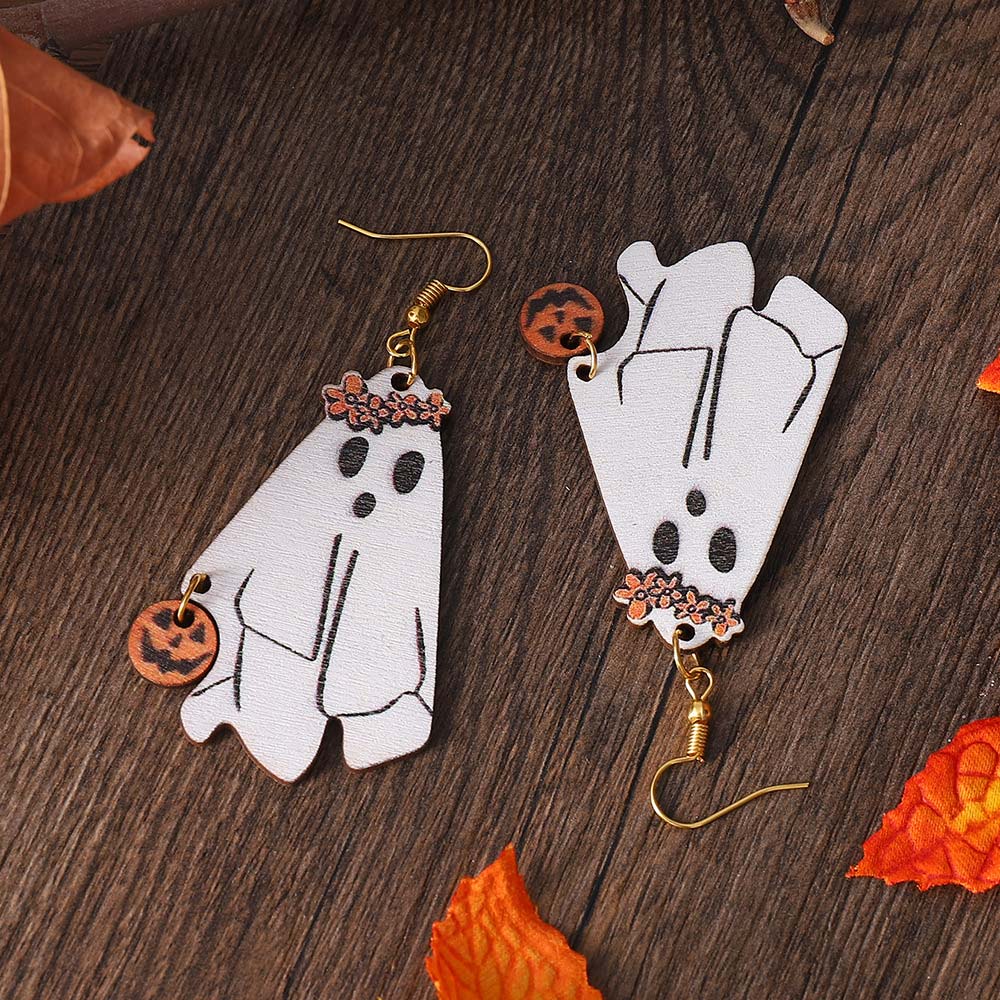 White Ghost Pumpkin Design Wood Earrings | picture 