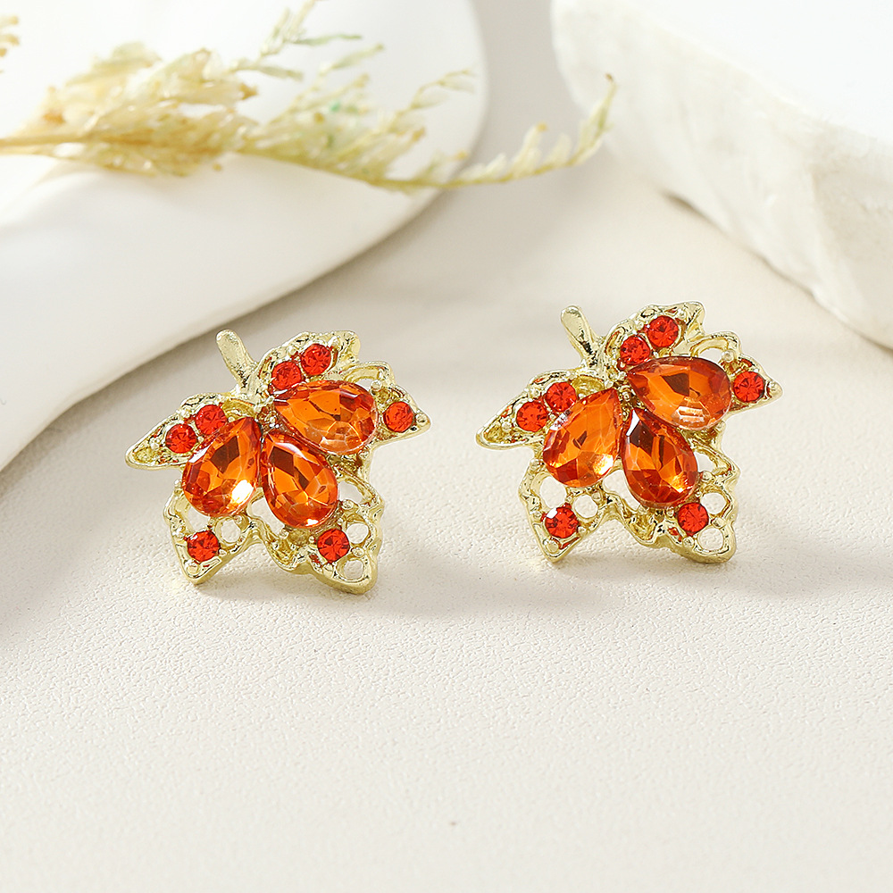 Orange Leaf Alloy Rhinestone Detail Earrings | picture 