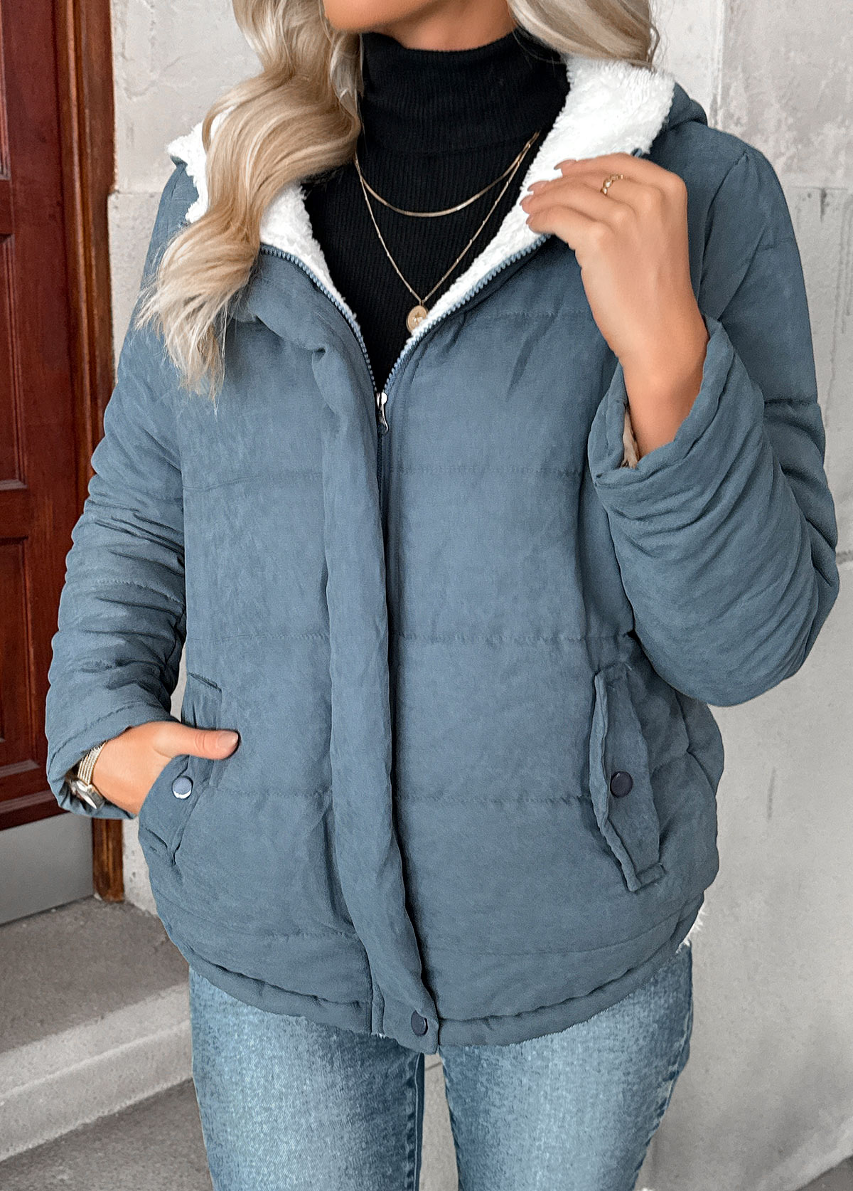 Denim Blue Tummy Coverage Long Sleeve Hooded Coat | picture 