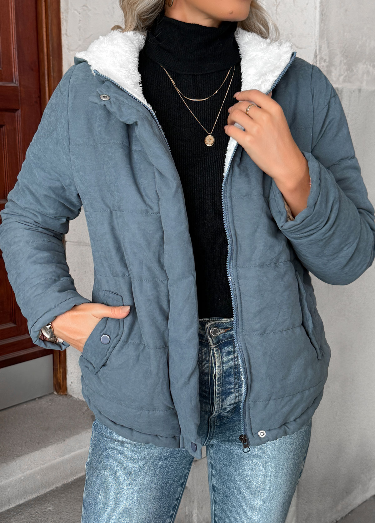Denim Blue Tummy Coverage Long Sleeve Hooded Coat | picture 