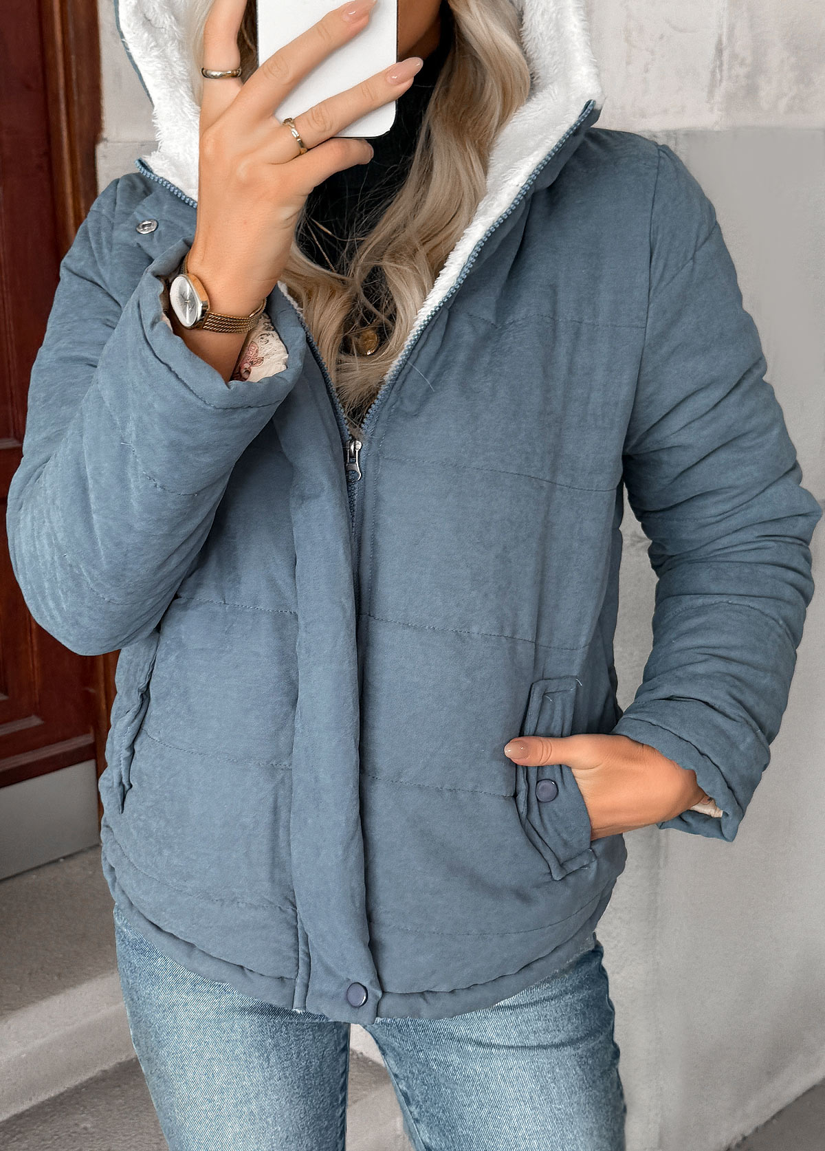 Denim Blue Tummy Coverage Long Sleeve Hooded Coat | picture 