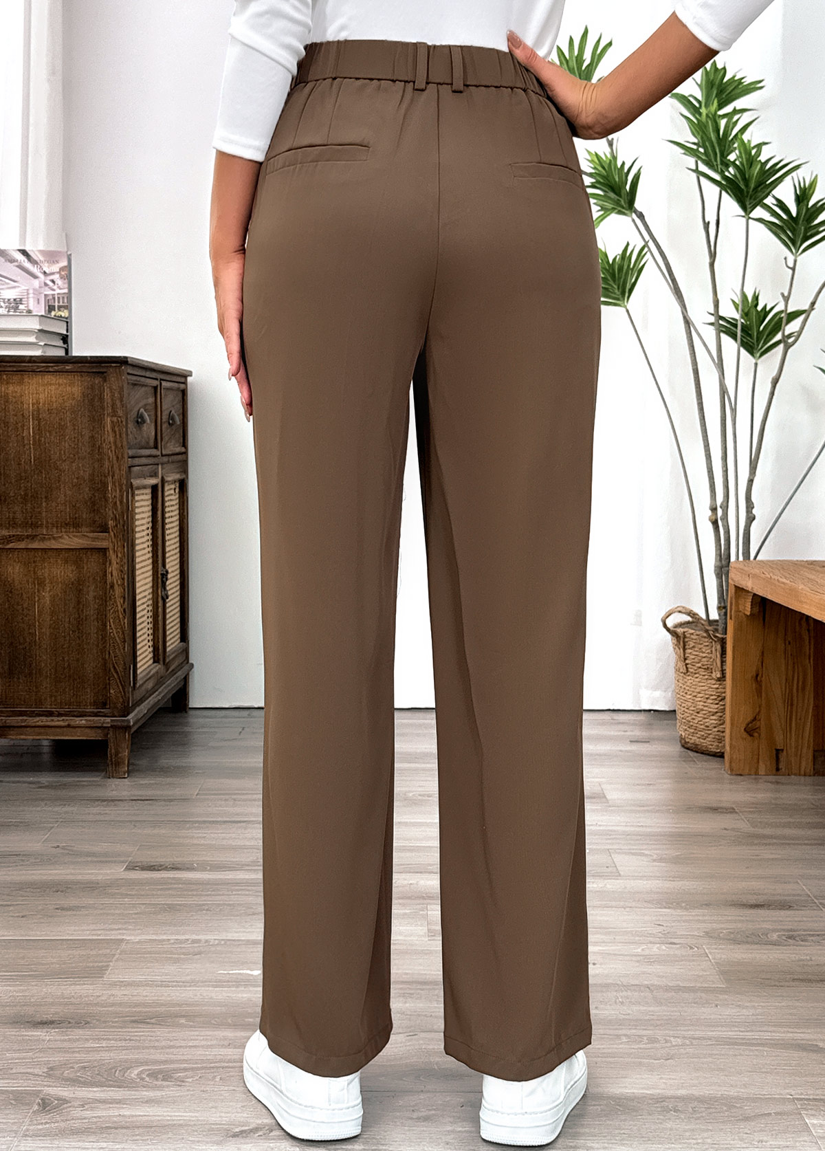 Dark Camel Pocket Straight Leg Elastic Waist Pants | picture 
