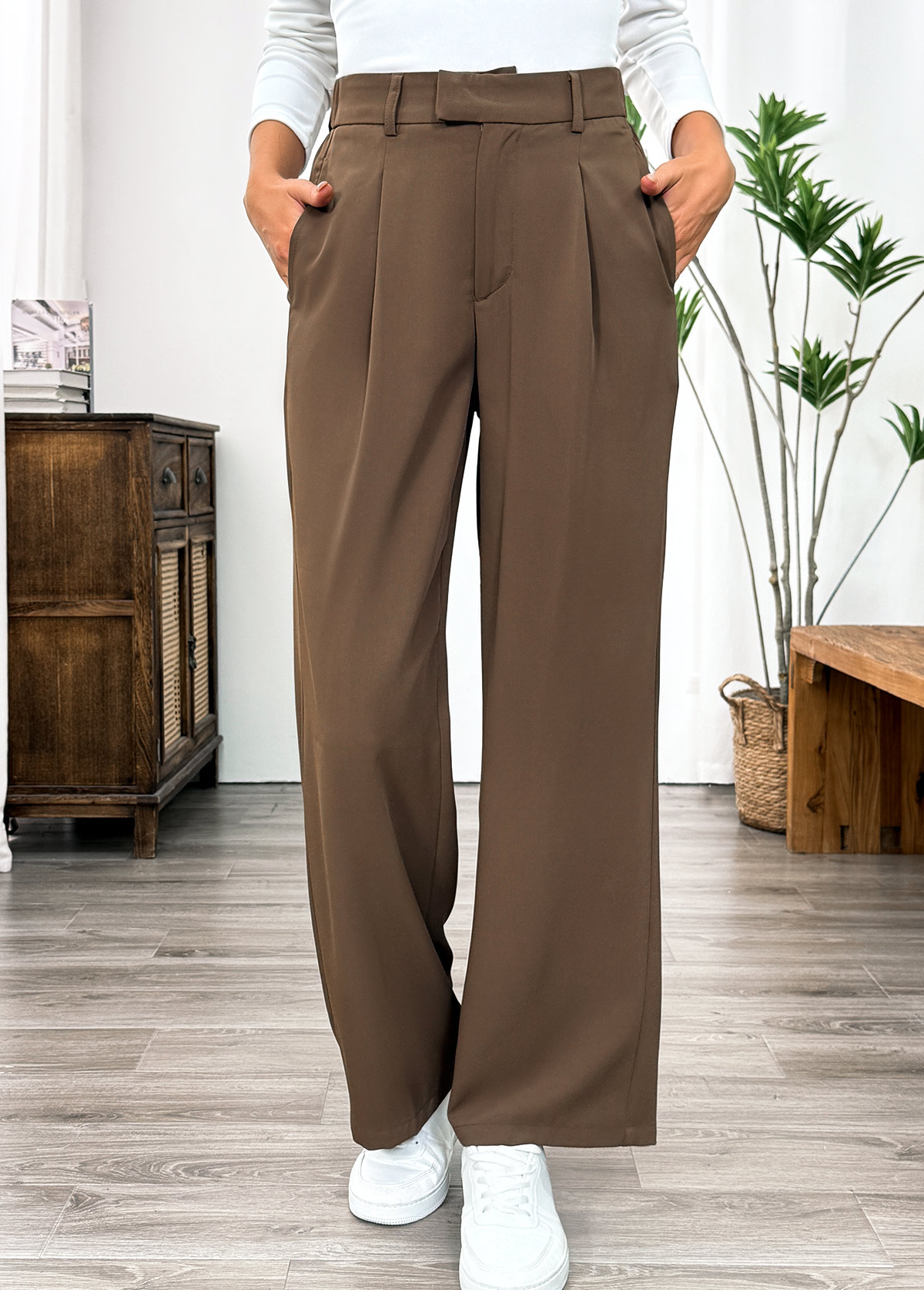 Dark Camel Pocket Straight Leg Elastic Waist Pants | picture 