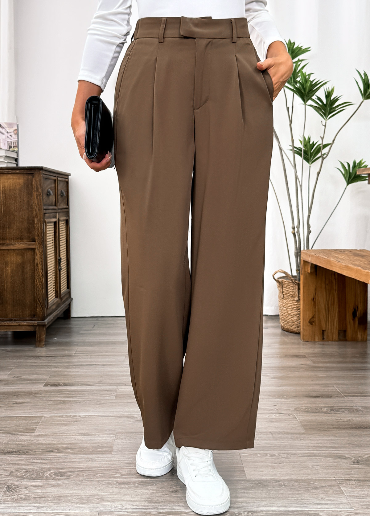 Dark Camel Pocket Straight Leg Elastic Waist Pants | picture 