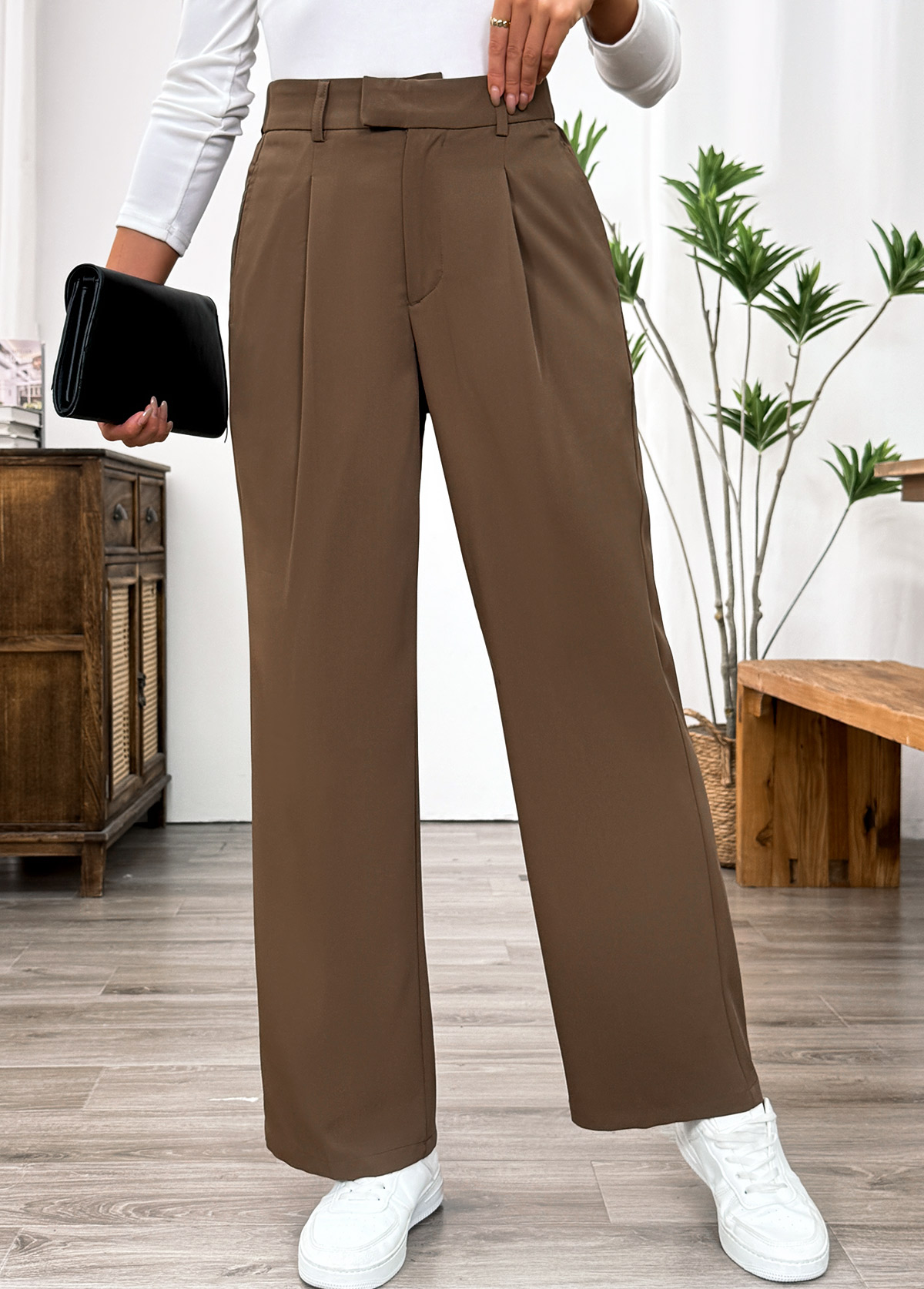 Dark Camel Pocket Straight Leg Elastic Waist Pants | picture 