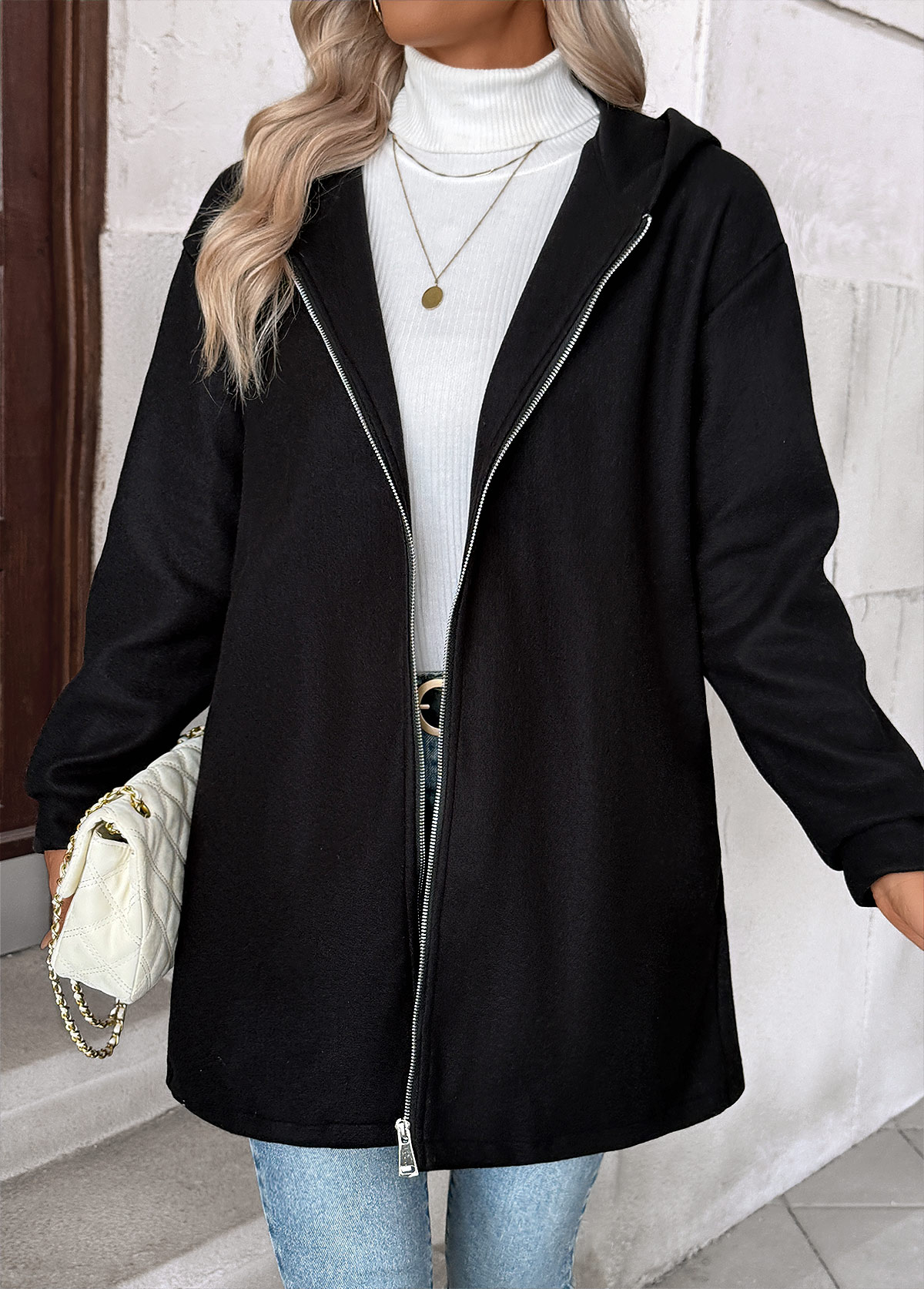 Black Tummy Coverage Long Sleeve Hooded Coat | picture 