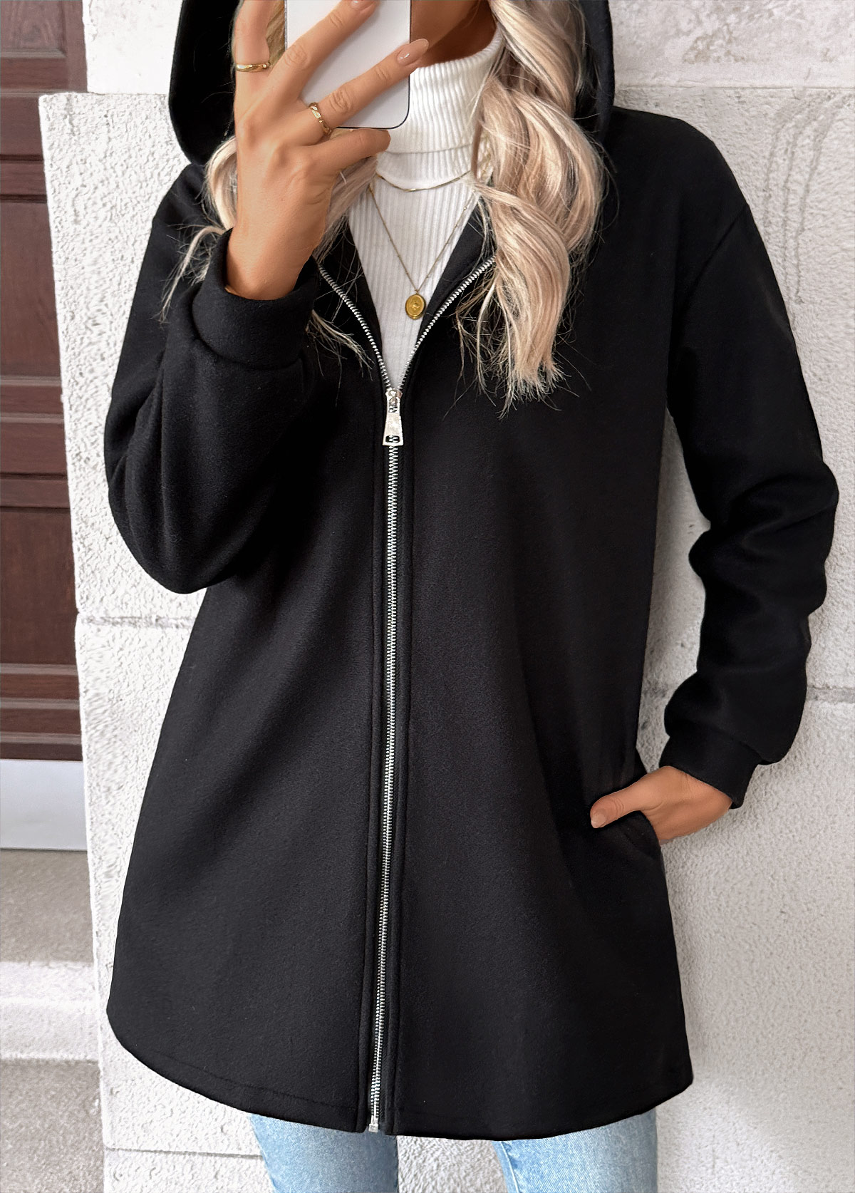 Black Tummy Coverage Long Sleeve Hooded Coat | picture 