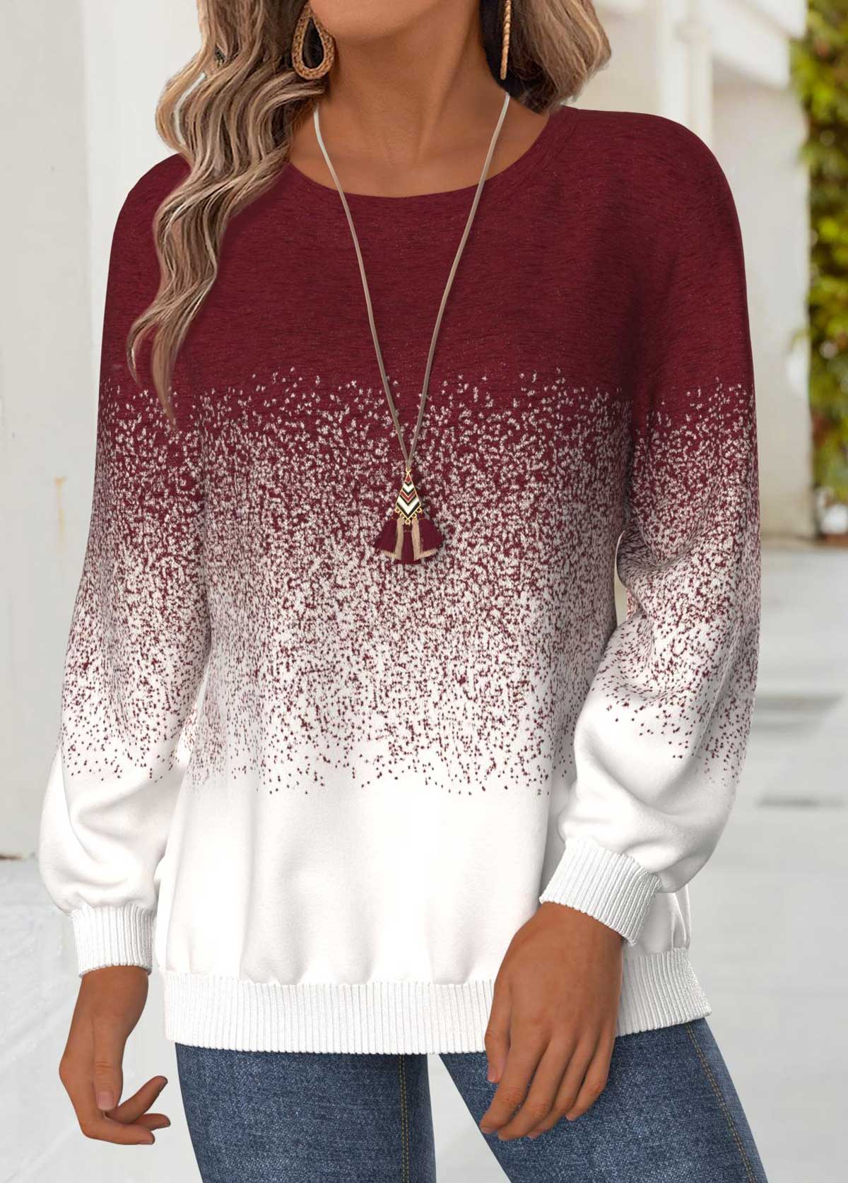 Wine Red Tummy Coverage Ombre Long Sleeve Sweatshirt | picture 