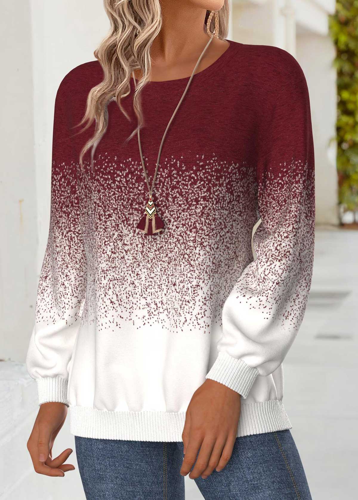 Wine Red Tummy Coverage Ombre Long Sleeve Sweatshirt | picture 